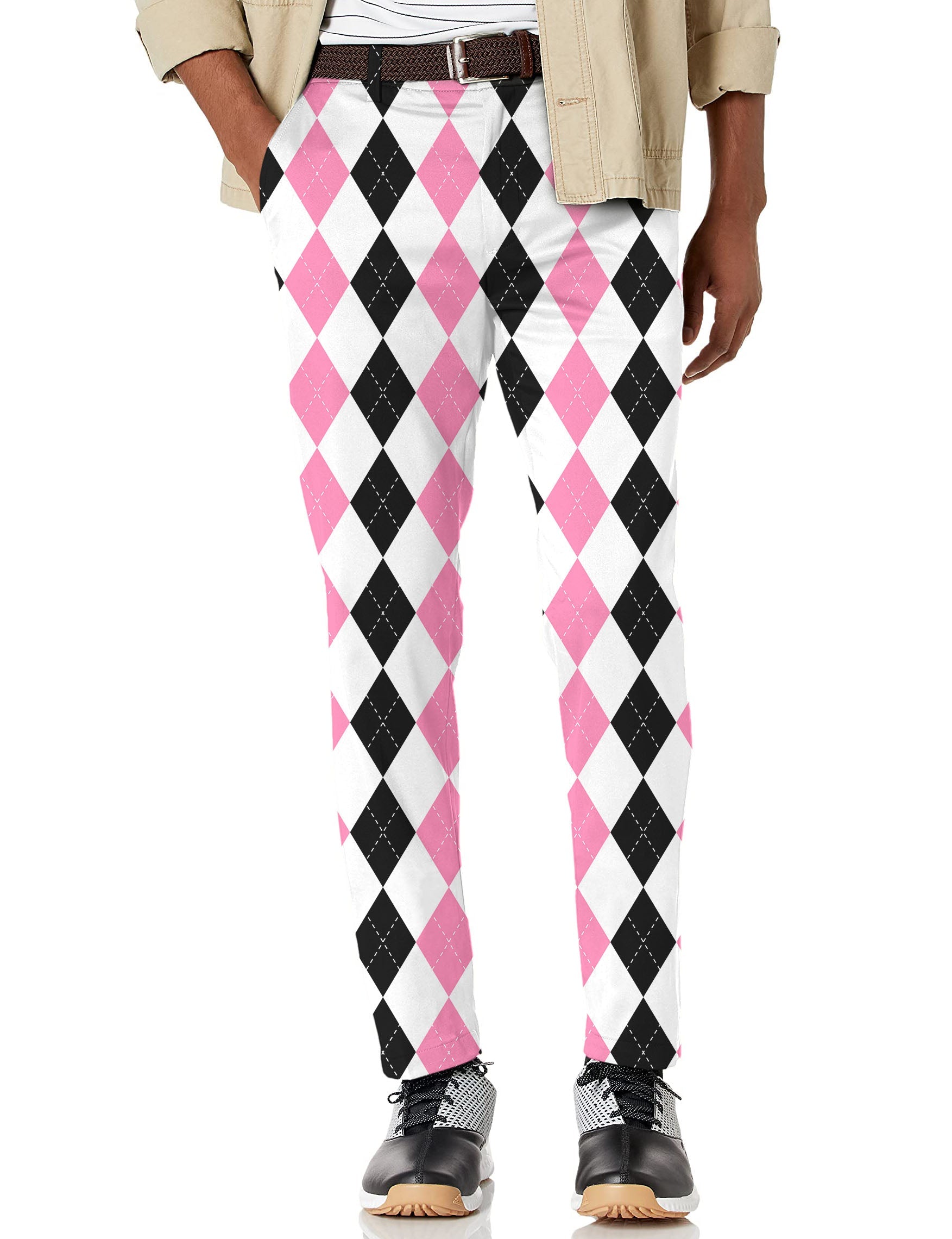 Men's pink black argyle stretch golf pants with moisture-wicking fabric and active waistband