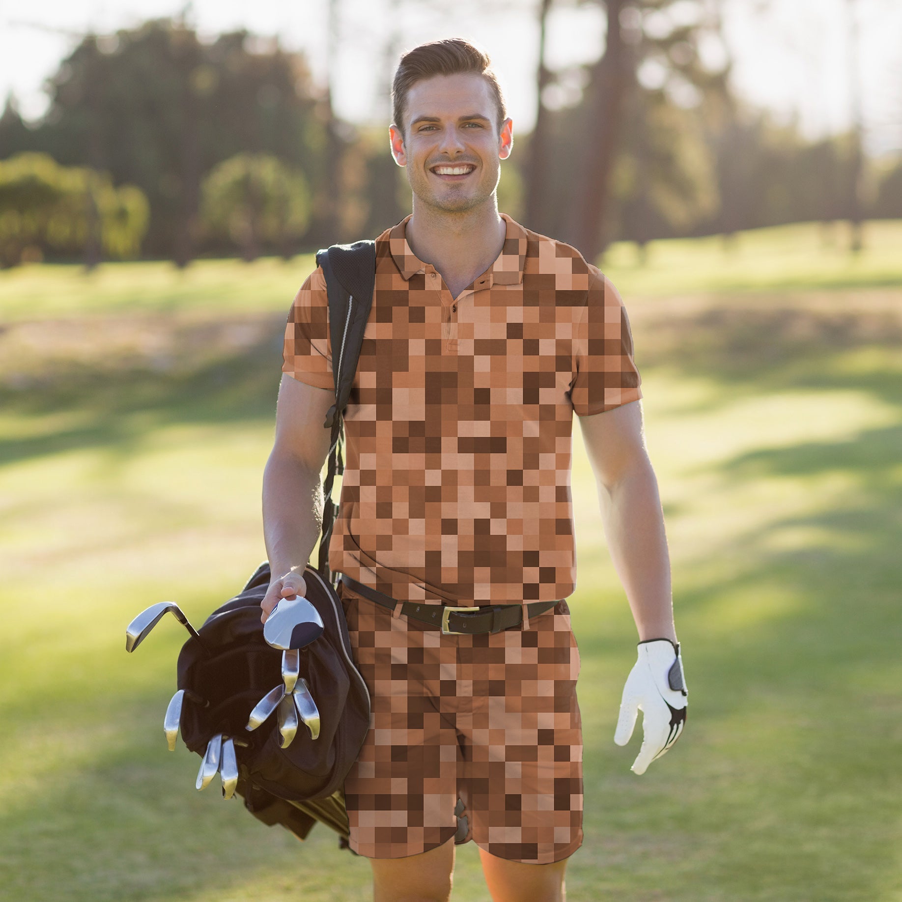 Men's Golf Set brown pixel polo and shorts with four-way stretch, moisture-wicking fabric, wrinkle resistant, and UPF 40+ protection