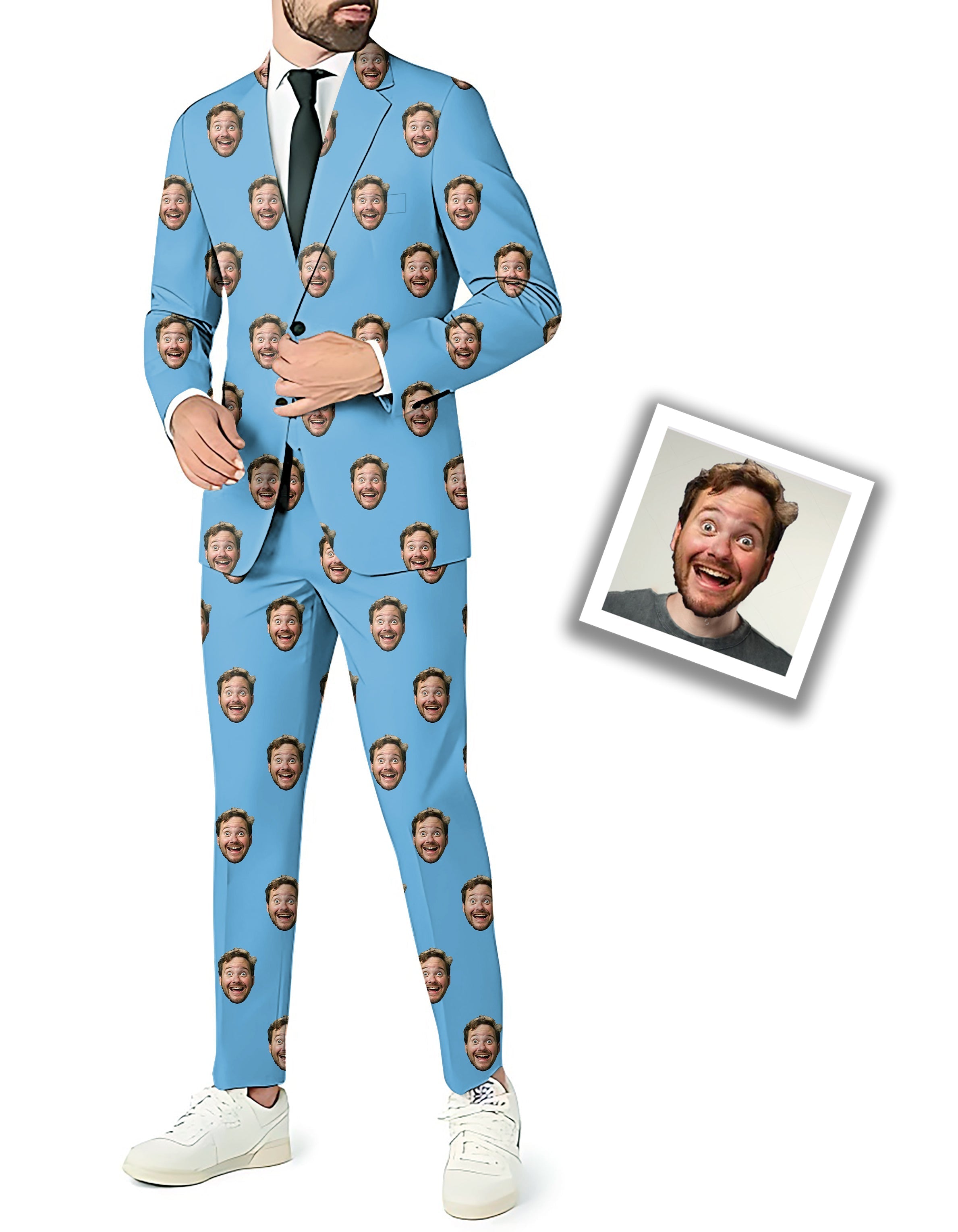 Custom photo logo funny face men's party costume suit with blazer, pants, and vest.