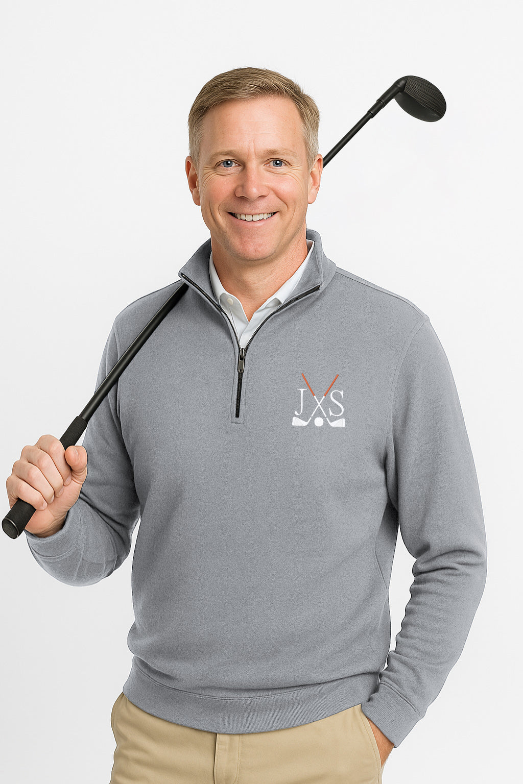 Plus size men's grey high neck hoodie with embroidery solid color and golf embroidered logo