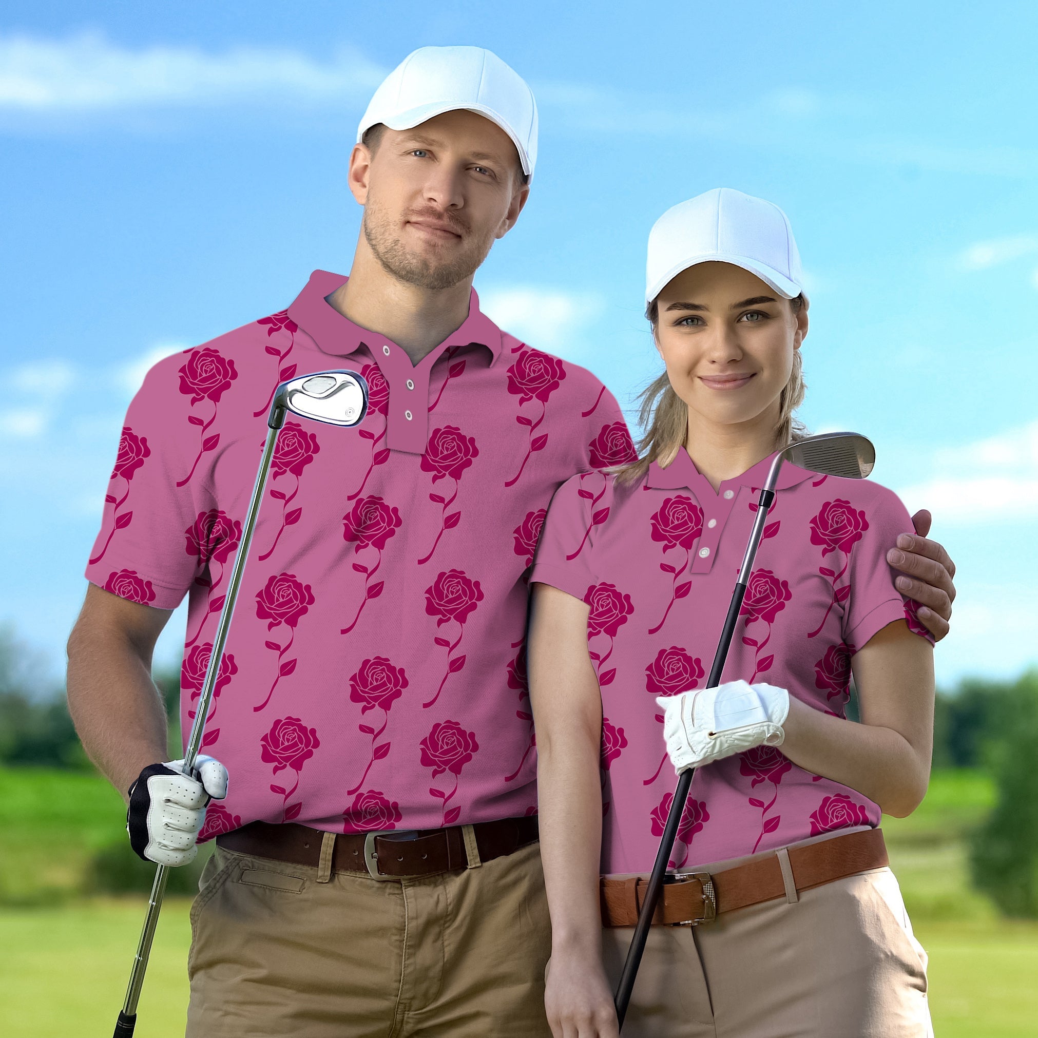 Couple wearing limited edition red roses golf shirts holding clubs on golf course