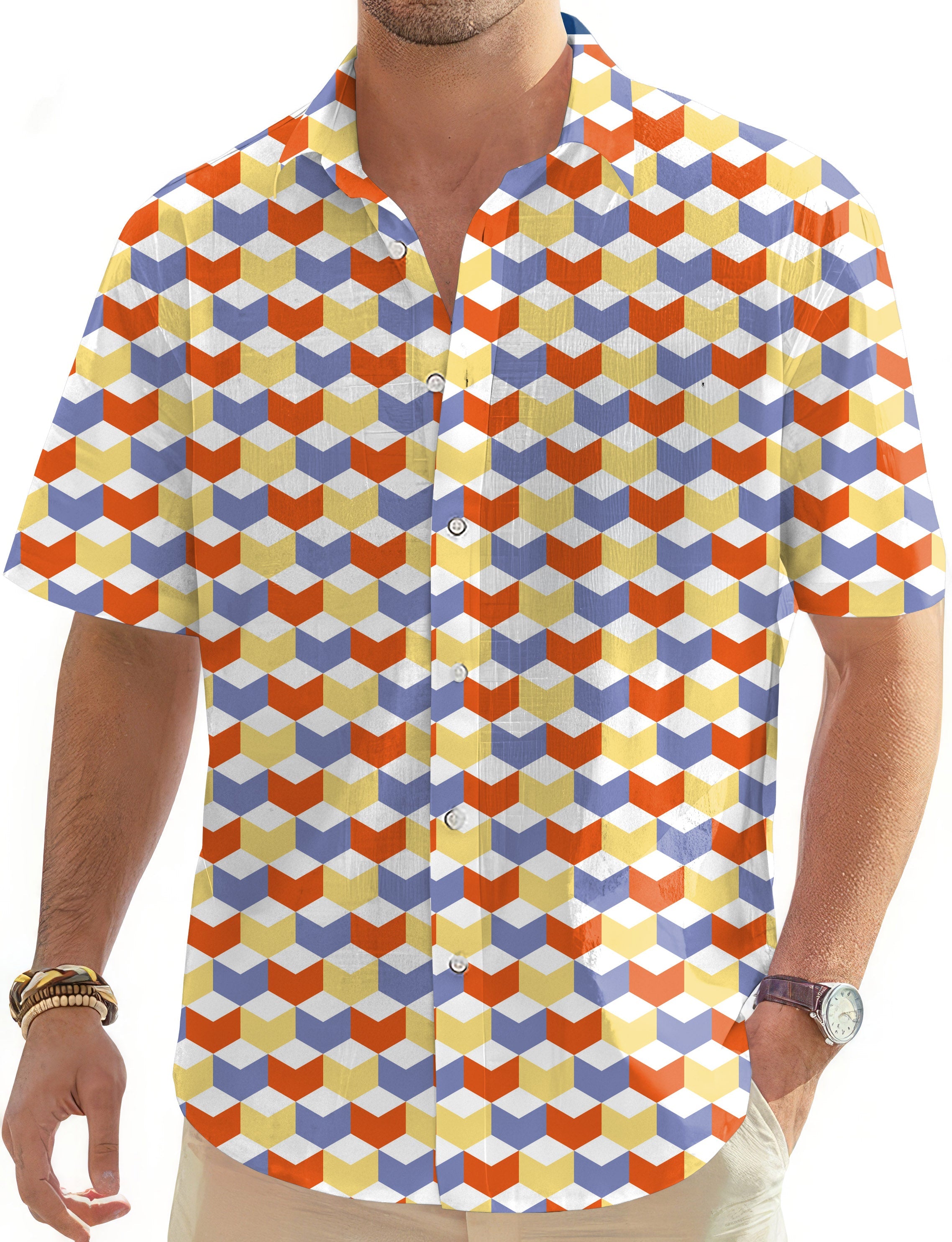 Colorful 3D square pattern men's golf Hawaiian shirt with button-down and short sleeves
