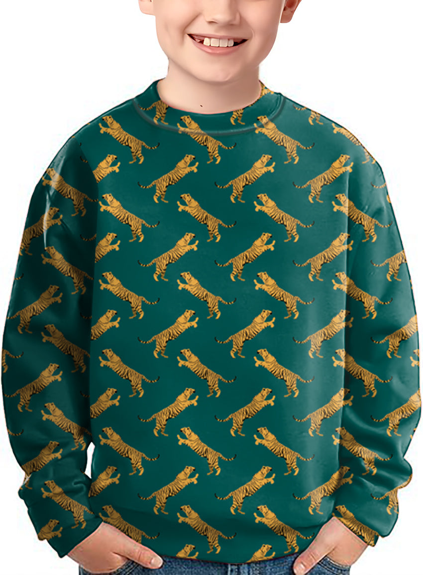 kids crewneck pullover with green tiger print pattern
