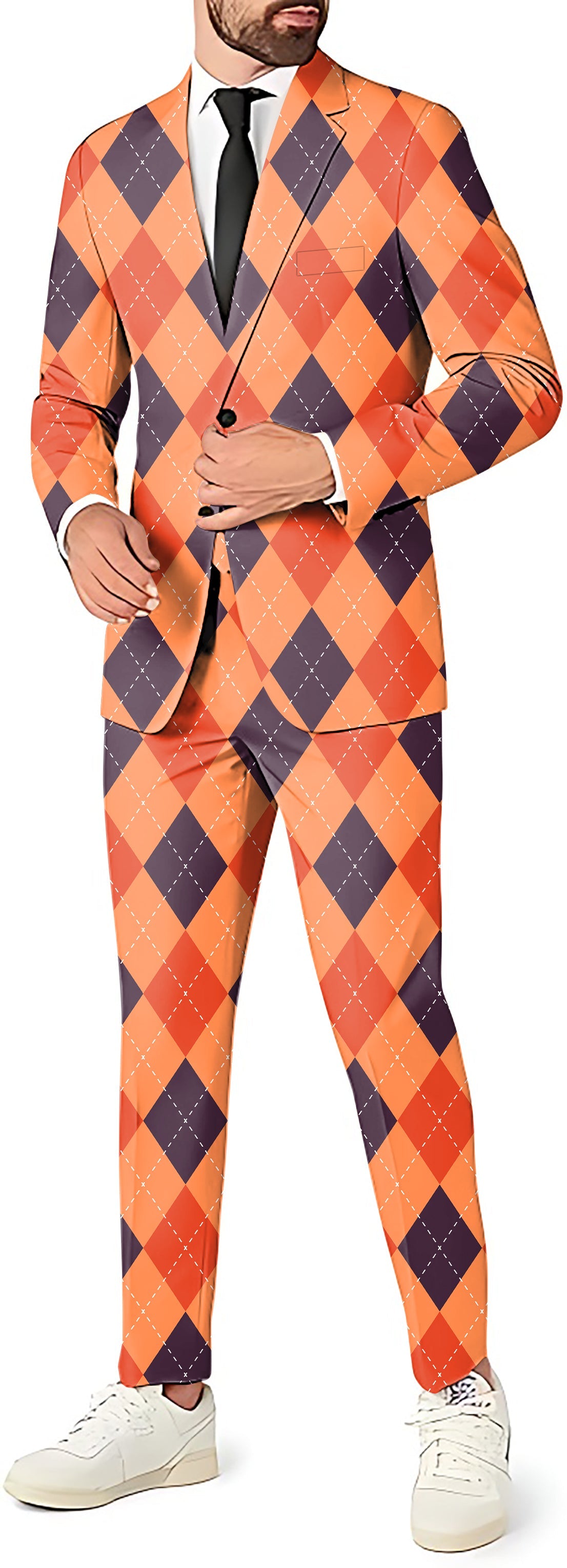 Halloween black red orange argyle men's party suit with blazer, pants, and vest