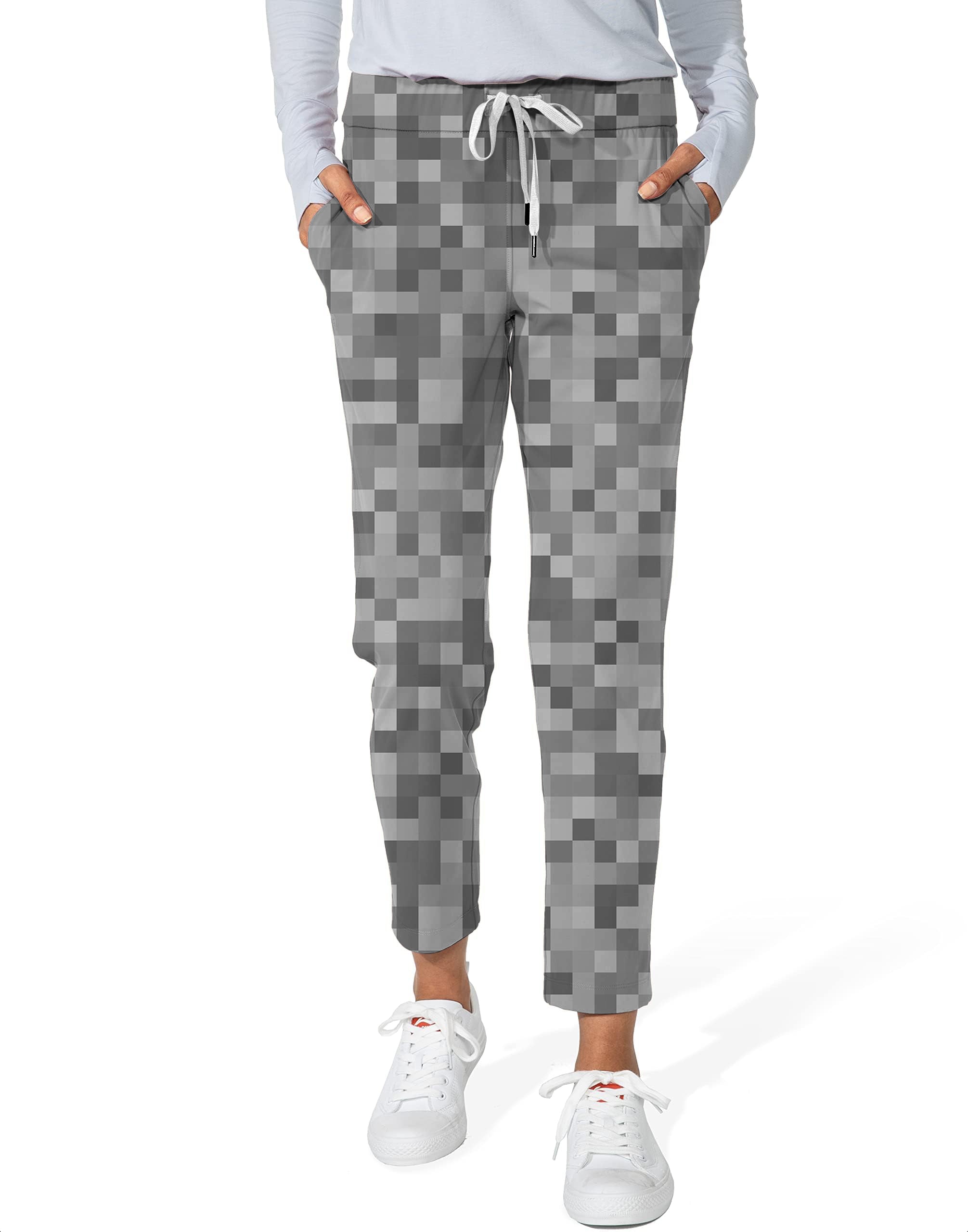 Grey Pixel Big Women's 7/8 stretch ankle golf pants with drawstring and pixel pattern