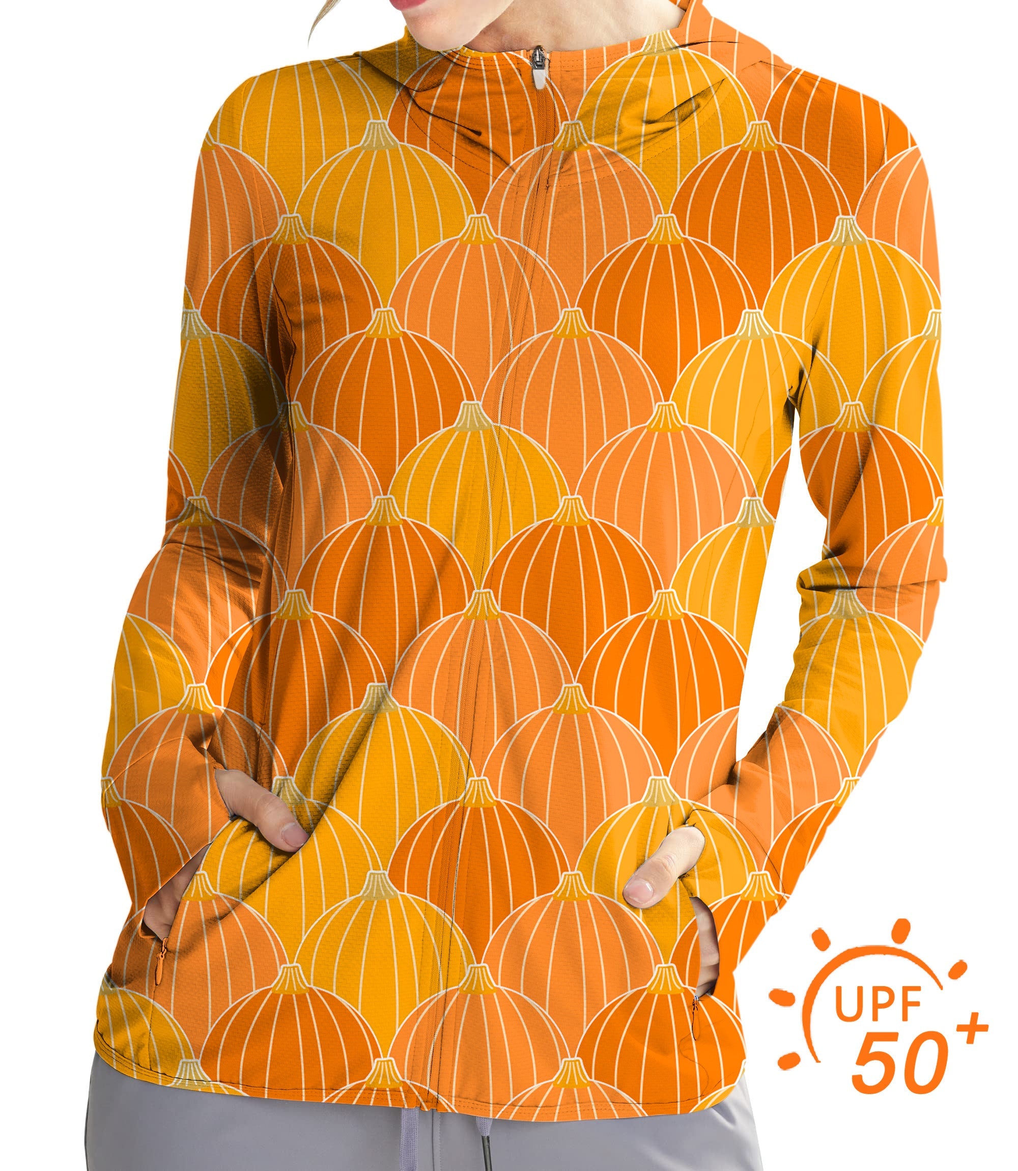 Women's slim fit zip hoodie with Halloween pumpkin design, UPF 50+ sun protection, breathable fabric for outdoor Thanksgiving activities