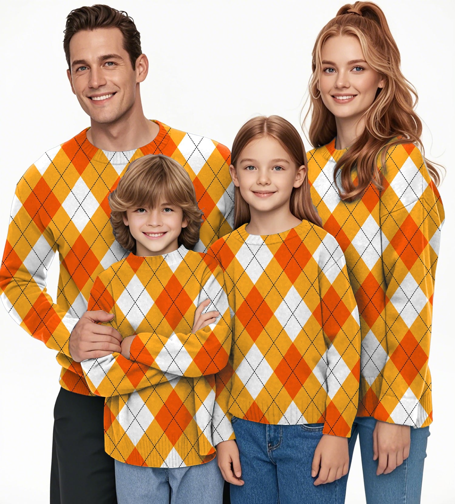 Family wearing Halloween Cross Orange White argyle crewneck pullovers