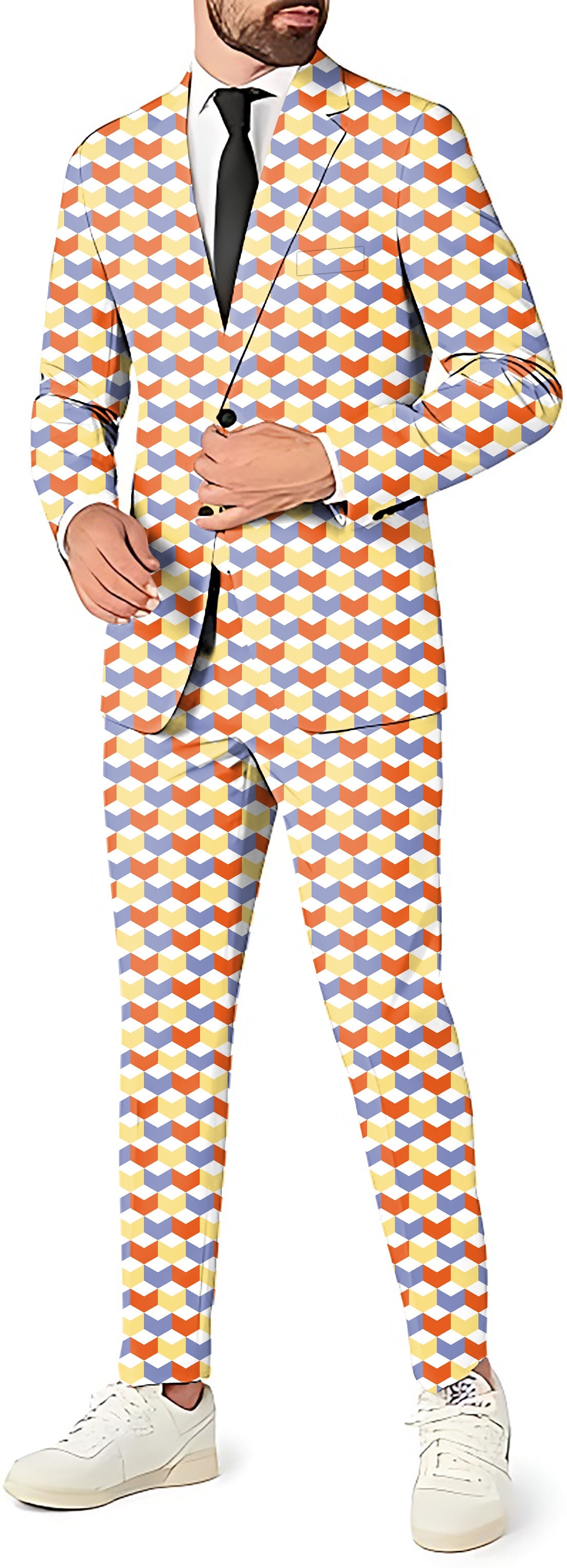 Colorful 3D square pattern men's party costume suit set with blazer, pants, and vest, slim fit design