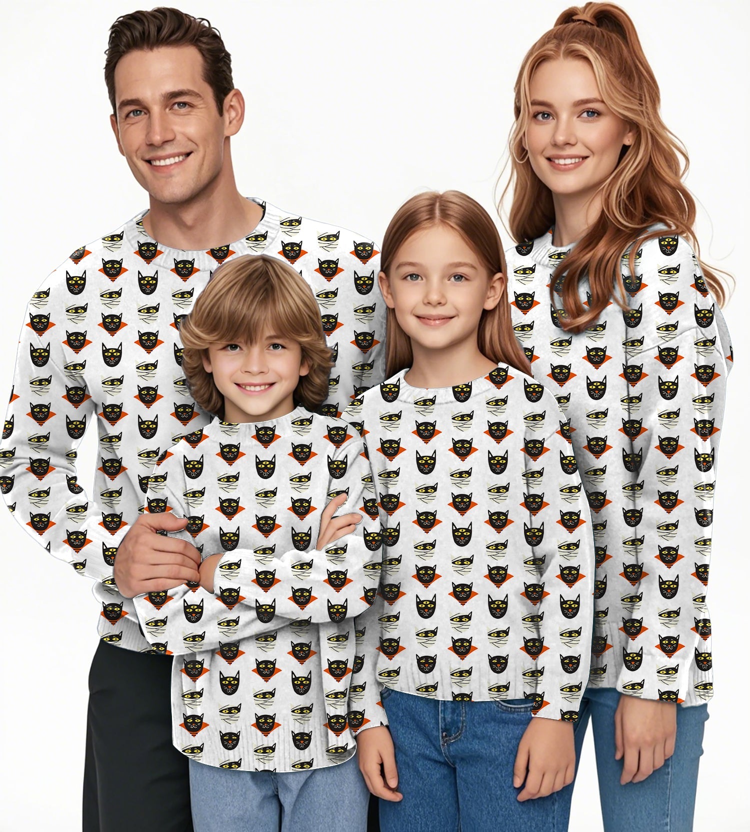 Family wearing Halloween mummy cat themed custom crewneck pullovers with white background color