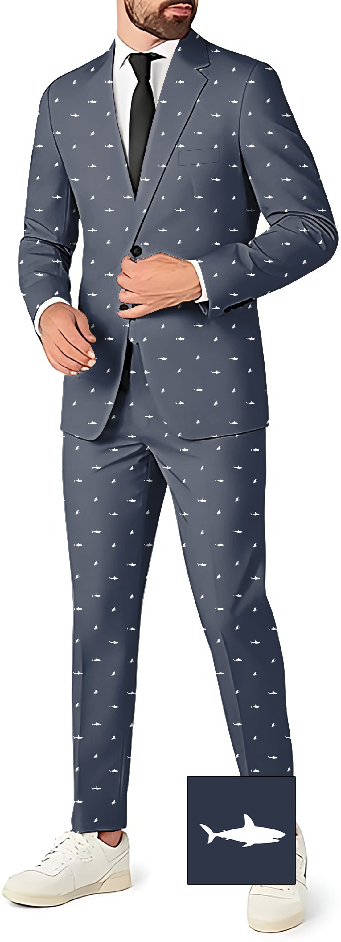 Men's white shark print party suit set with blazer, pants, and vest