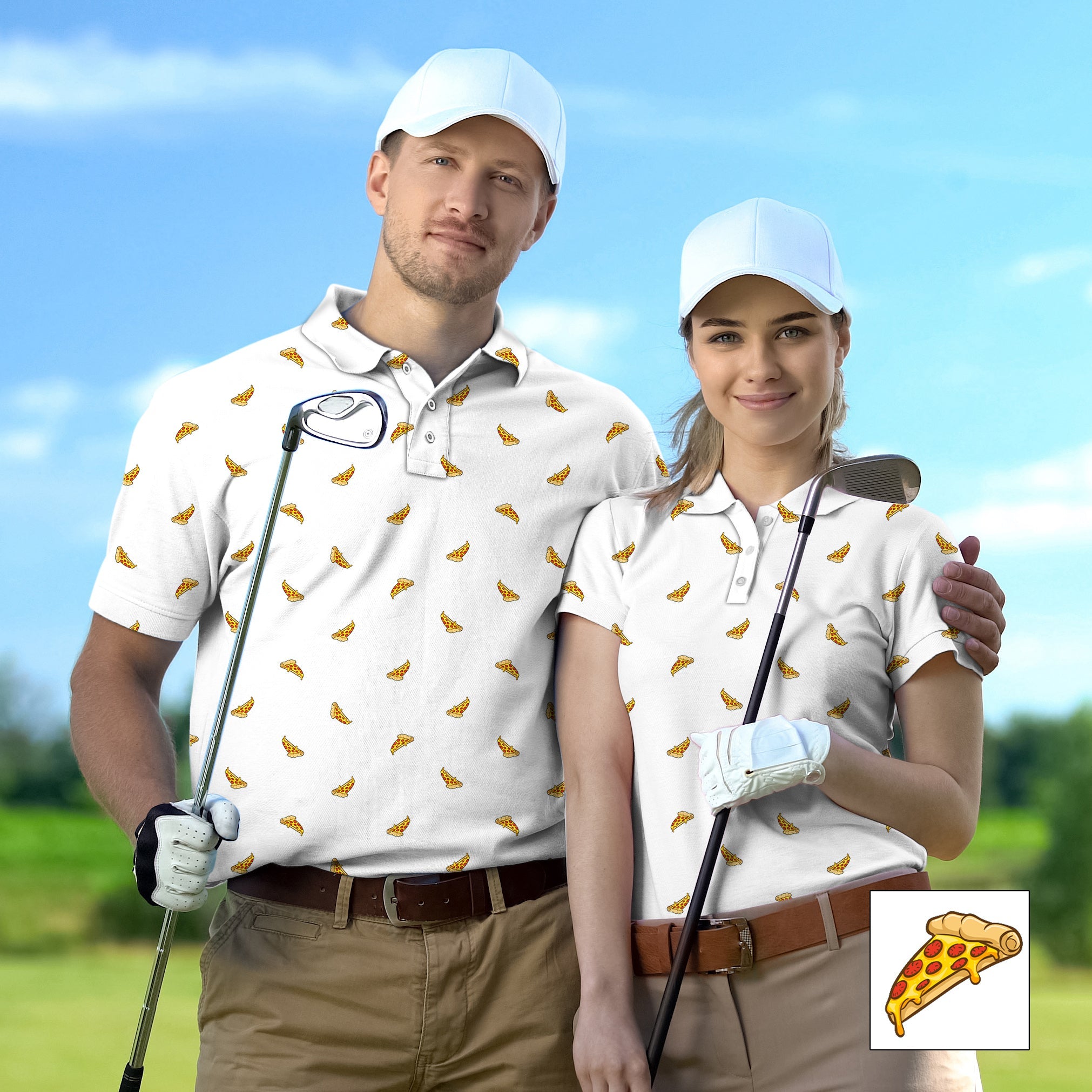 Couple wearing white pizza custom golf shirts holding clubs on golf course