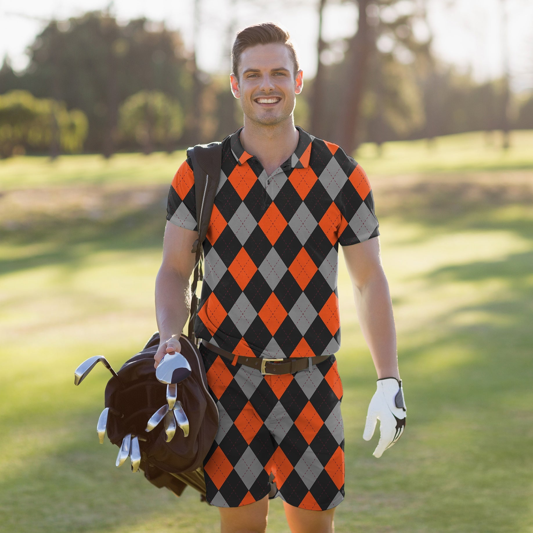 Men's golf set with Halloween black and red argyle polo and shorts, breathable and stretch fabric for comfort on the course
