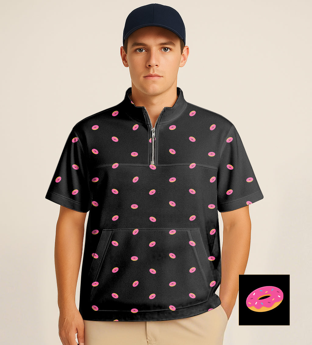 Half zipper turtleneck golf shirt with pink donut pattern and customizable embroidery