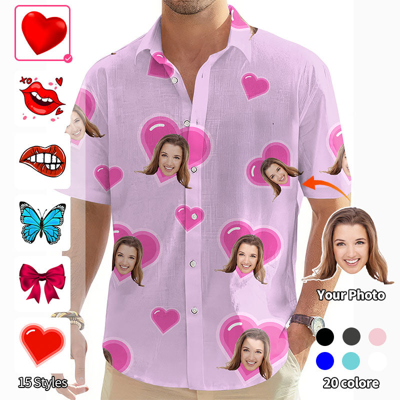 Valentine's Day Custom Photo Face Custom Color Purple Men's Golf Hawaiian Shirts Button Down Shirt