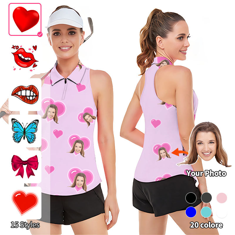 Valentine's Day Custom Photo Face Custom Color Purple Love Women’s Sleeveless Golf Tank Top Shirt Polo