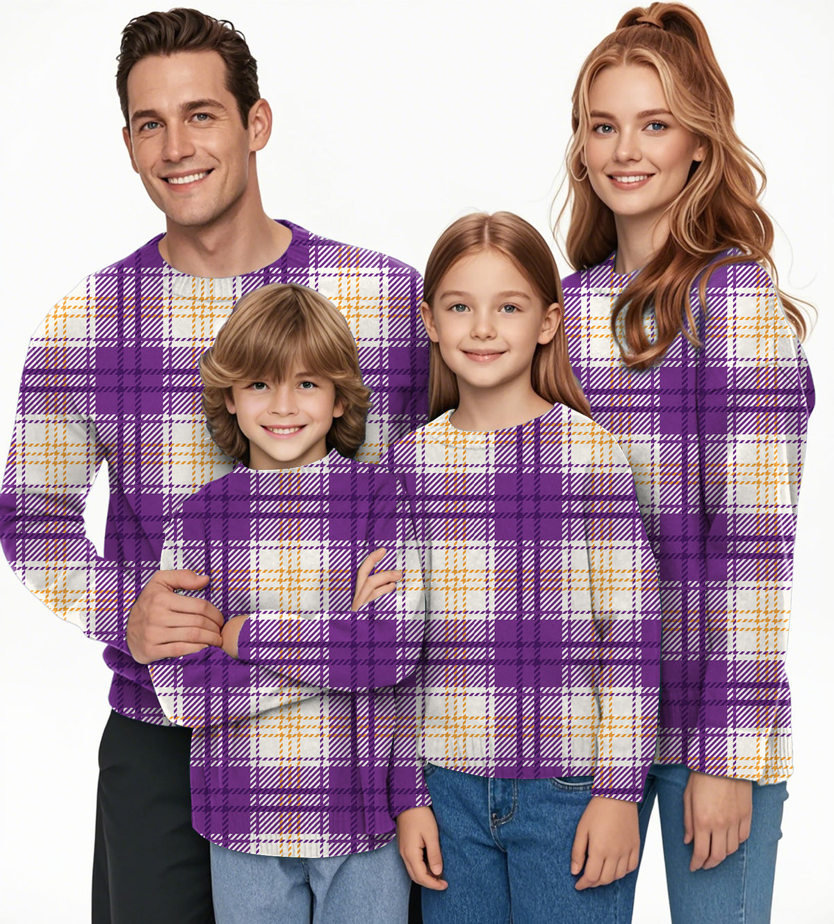 Halloween purple and yellow grid pattern Crewneck Pullover Ugly Sweater Men Women boy girl family