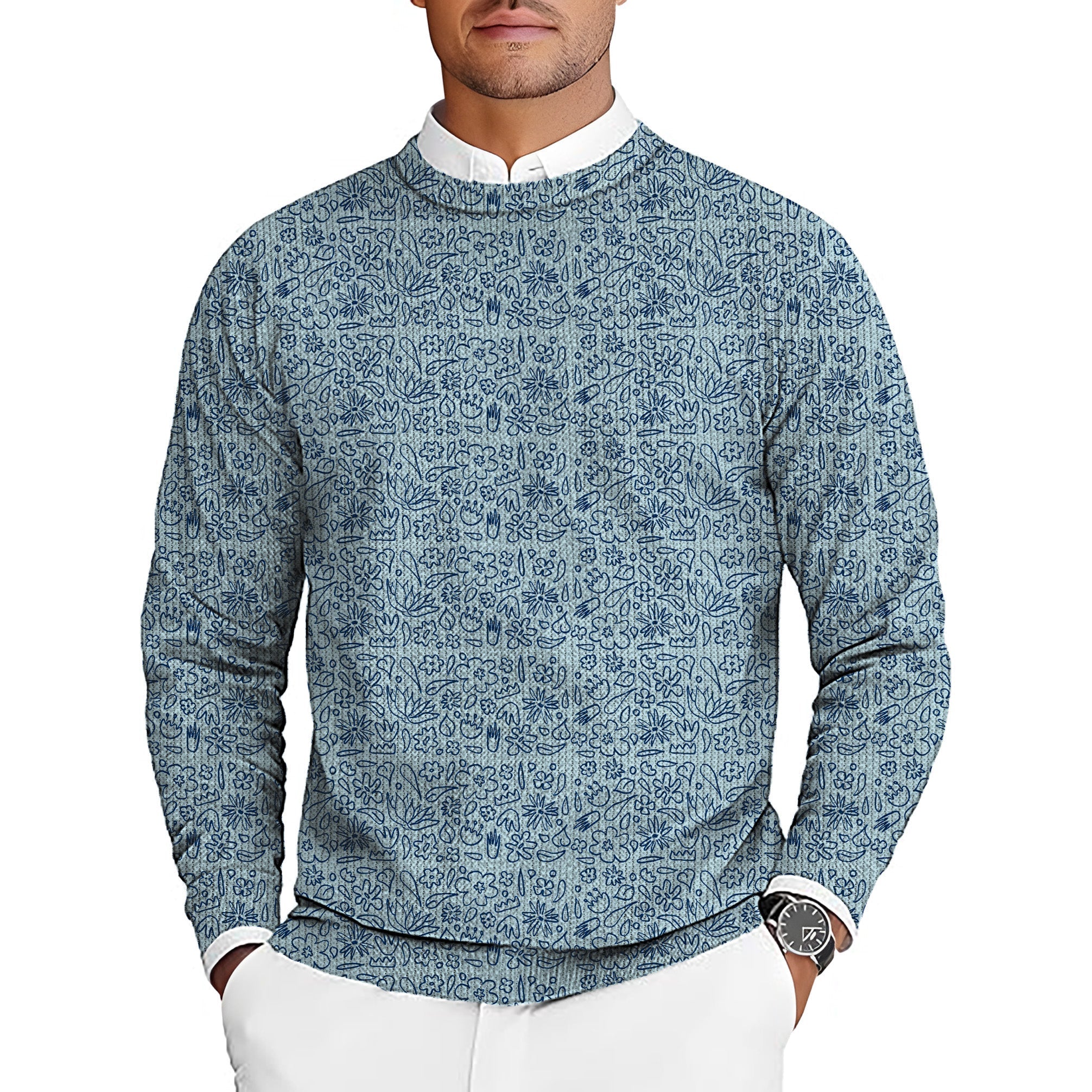 Men's golf crewneck pullover sweater with blue flower drawing pattern