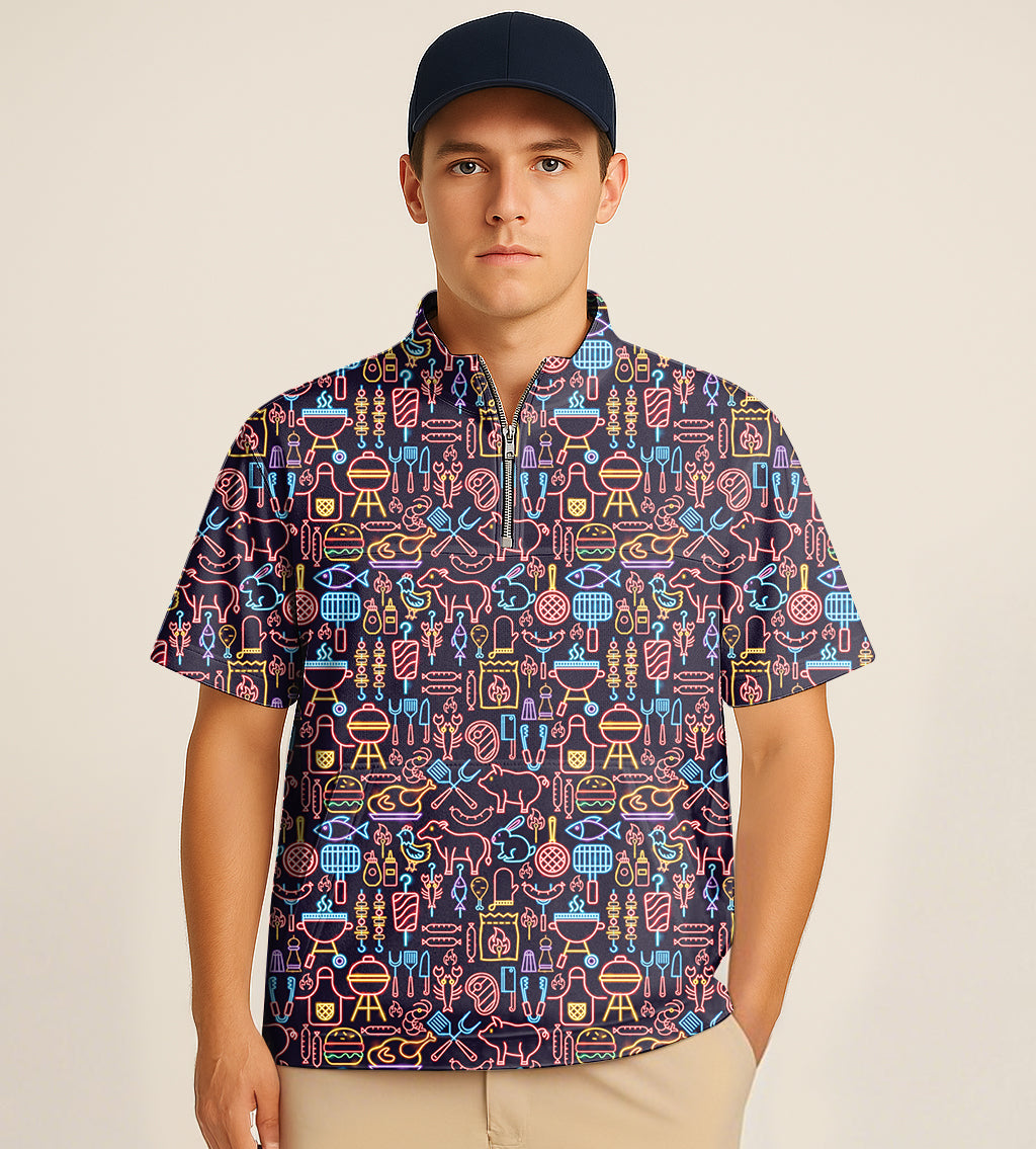 Half zipper turtleneck golf shirt with neon BBQ embroidery on short sleeves