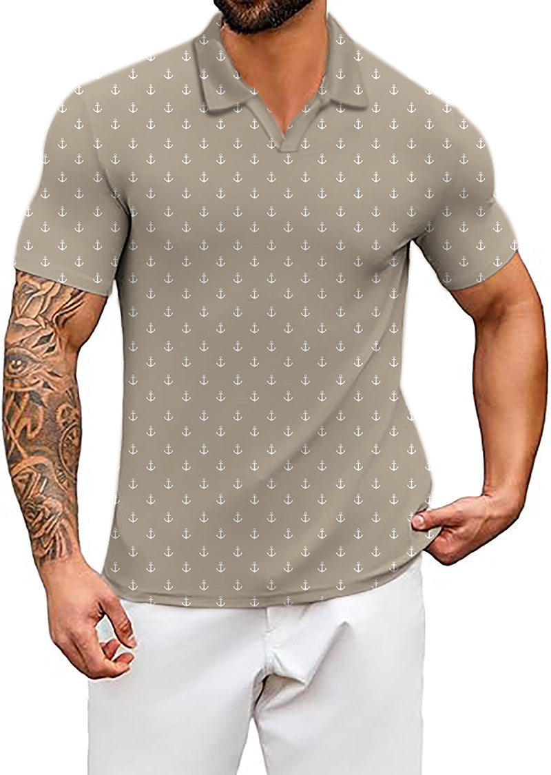 Men's Coconut Palm beige anchor print polo shirt with four-way stretch and UPF 40+ protection