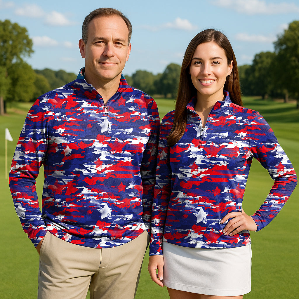 USA camo couple golf active 3/4 zip long sleeve tops in red, white, and blue camouflage pattern on golf course