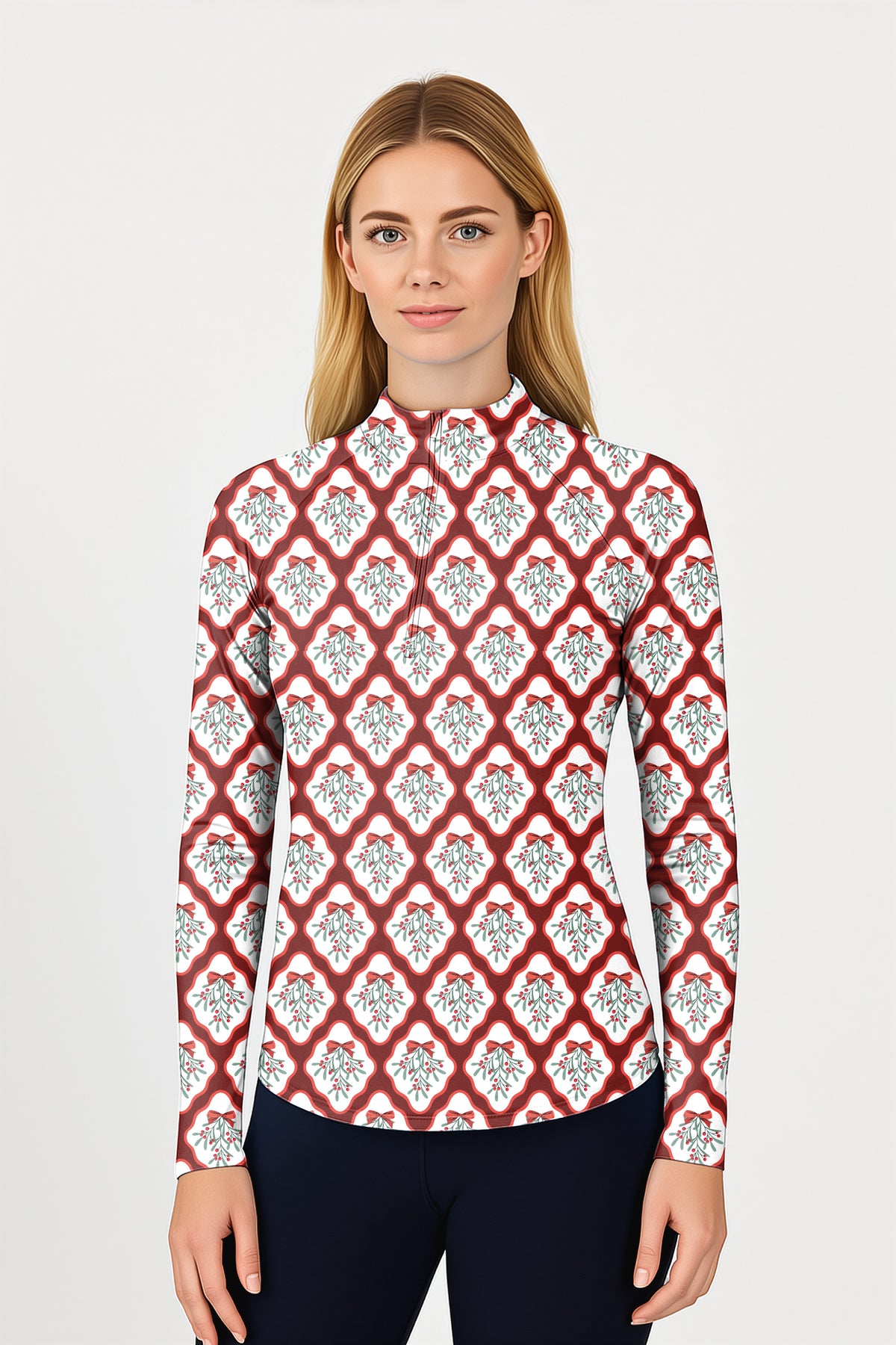 Christmas red holly Women's Golf Active 3/4 Zipper Top Long Sleeves