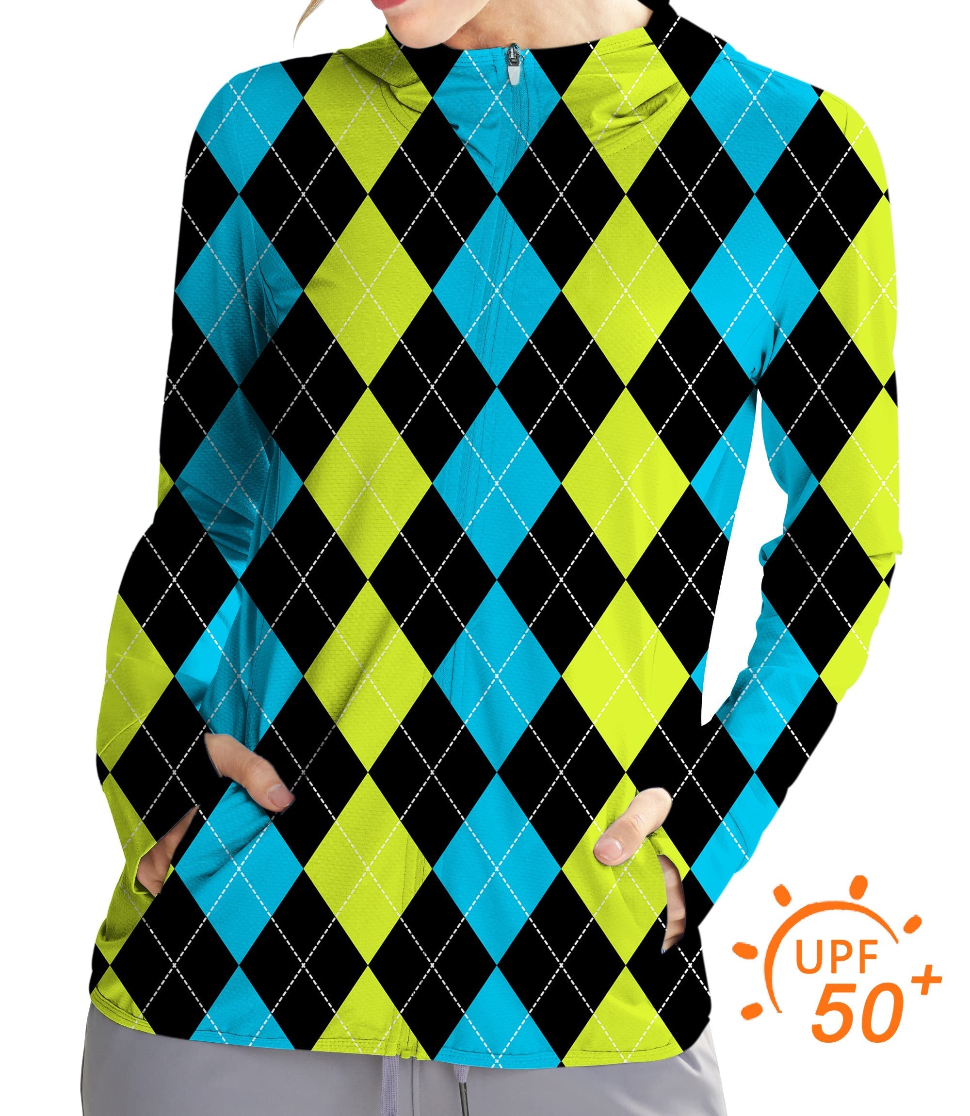Women's outdoor Halloween black green blue argyle golf sun protection slim fit zip hoodie with UPF 50+ UV protection and thumb holes