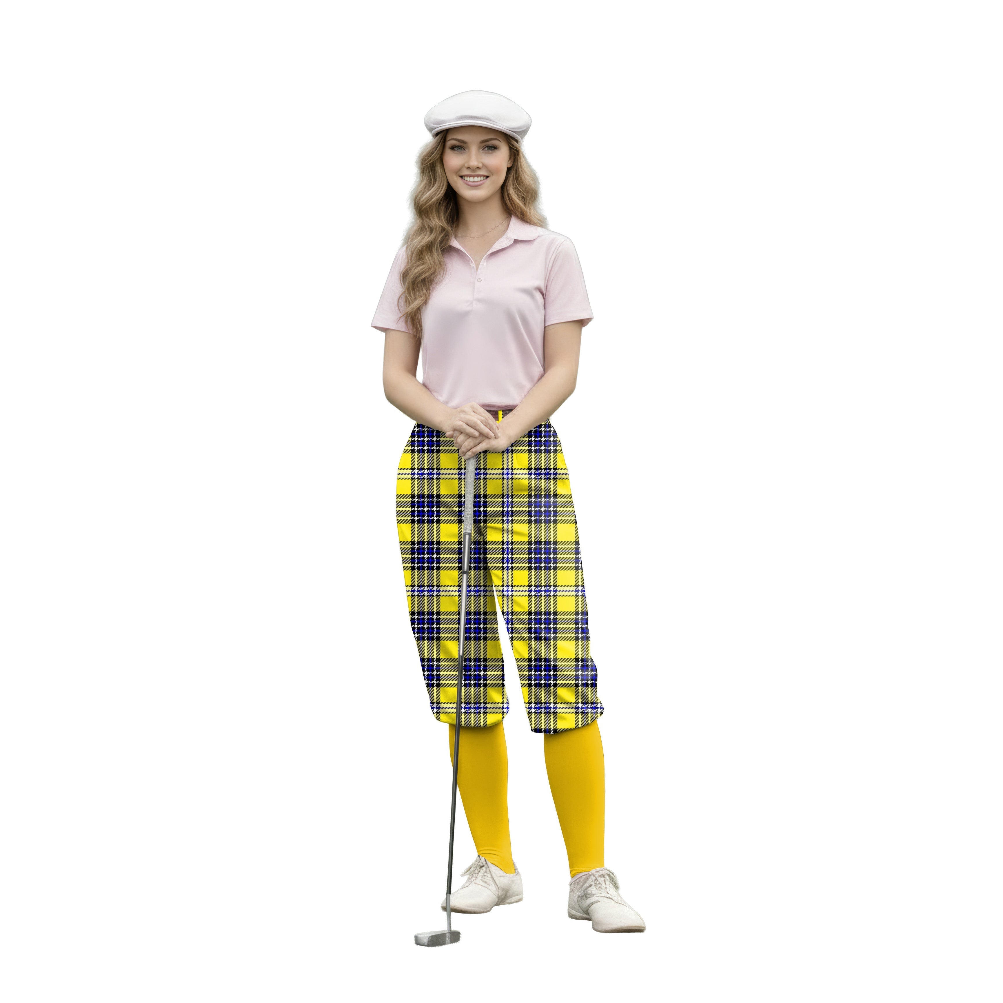 woman wearing yellow grid womens golf knickers pants with golf club and white cap