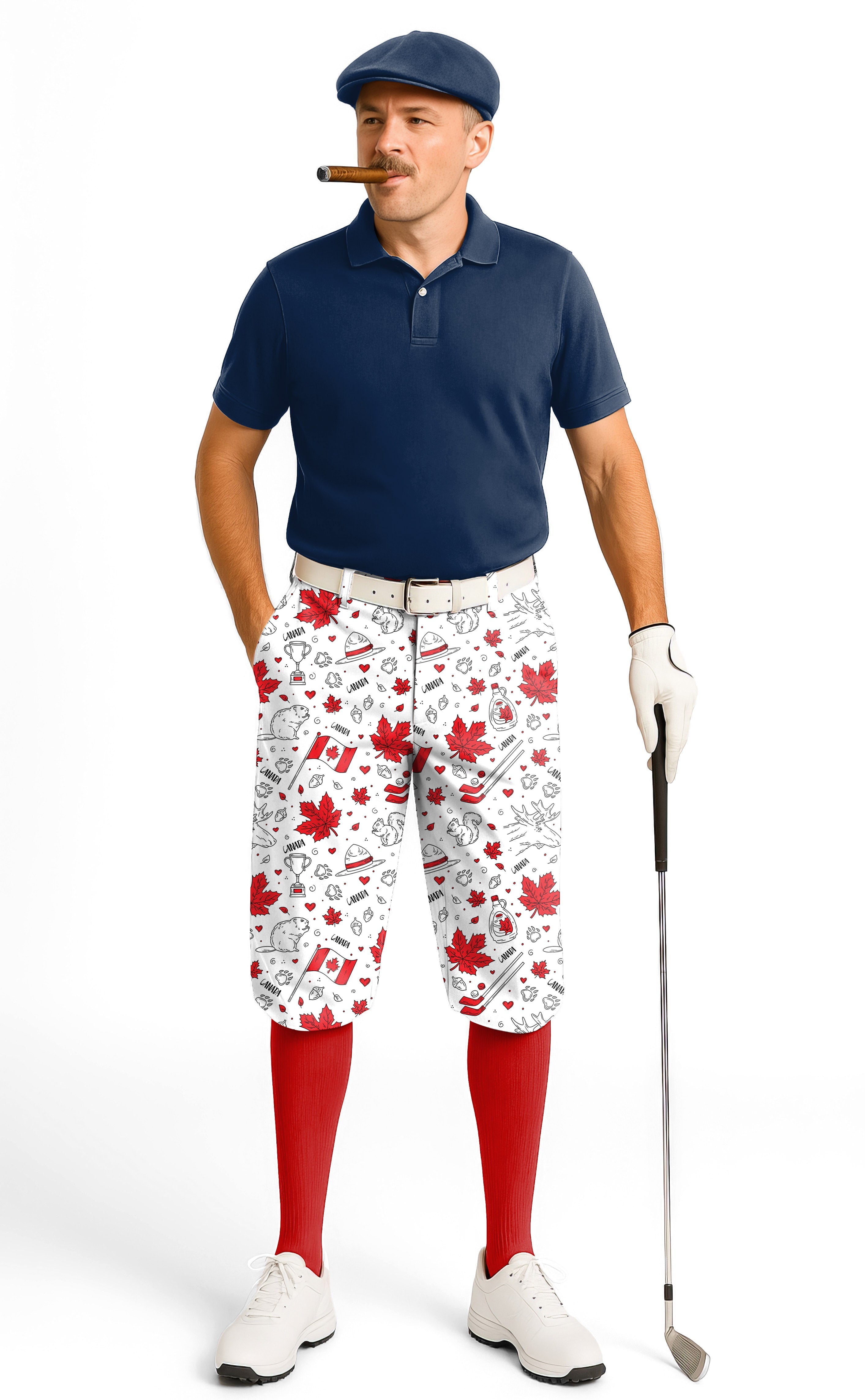 Men wearing Canadian Balloon Squirrel maple leaf golf knickers with navy polo and cap playing golf
