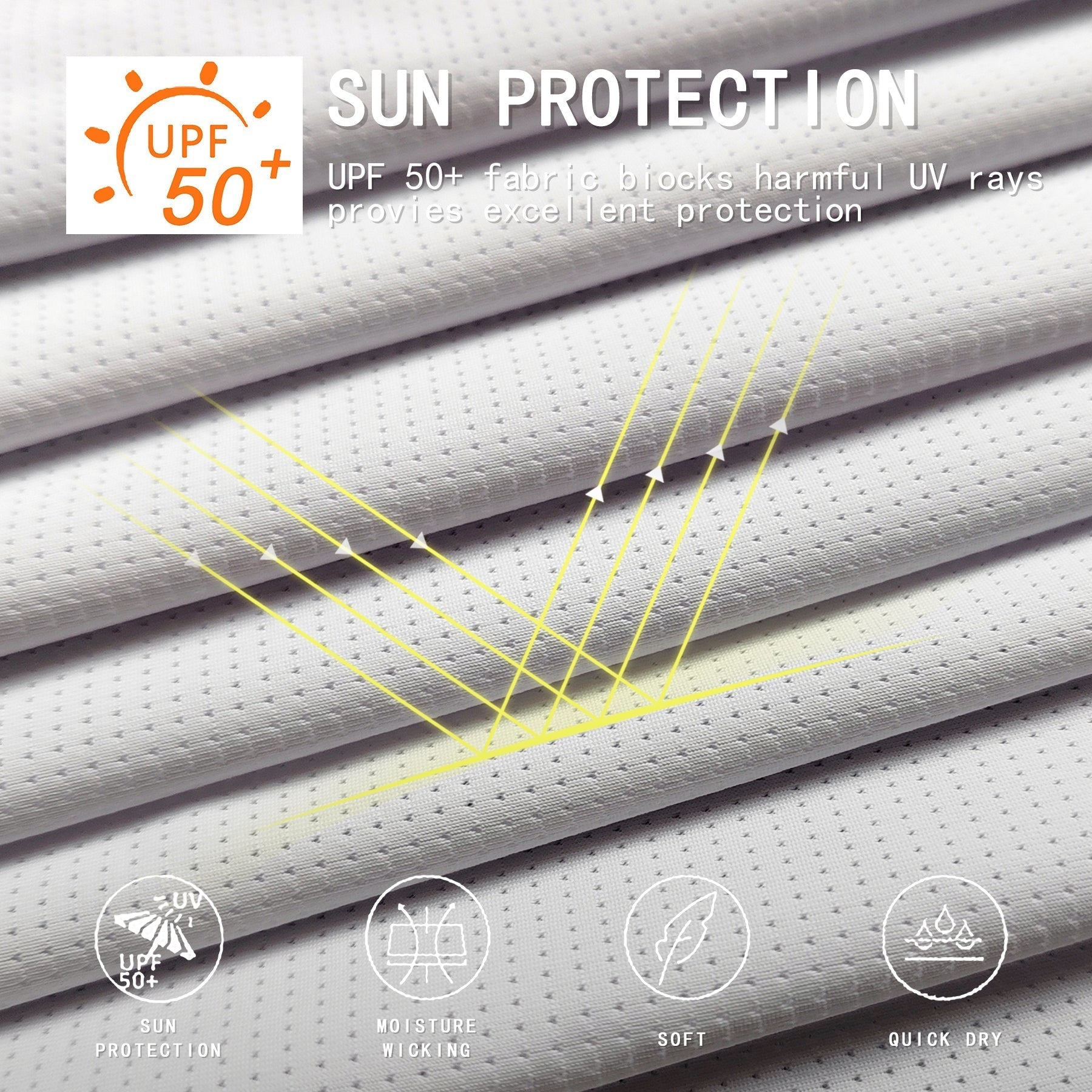 Close-up of white perforated fabric with UPF 50+ sun protection features and moisture wicking for outdoor Christmas Santa reindeer summer golf slim fit hoodies