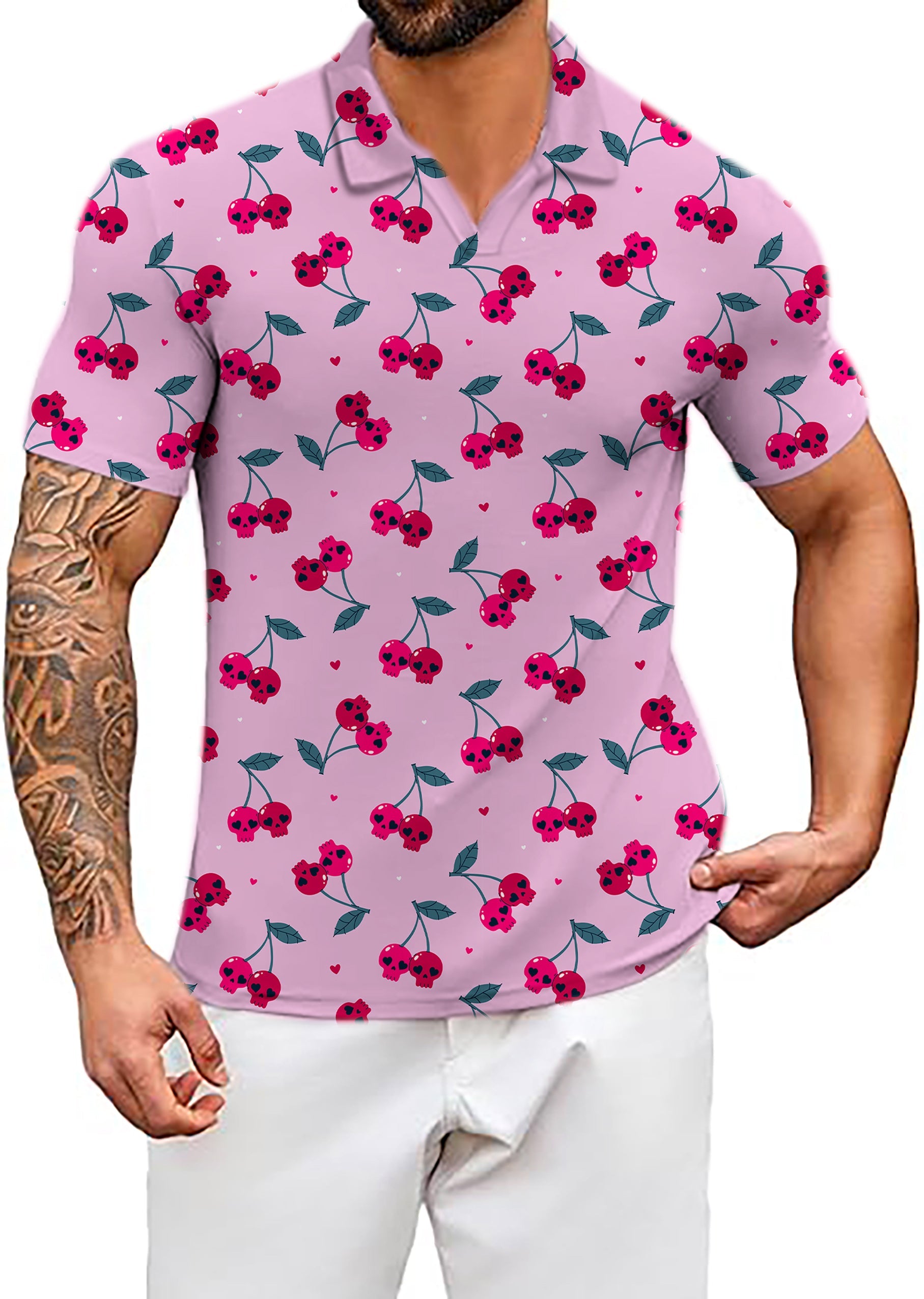 Men's Coconut Palm Halloween Cherry Skull V neck golf polo shirt in pink with red skull cherries design