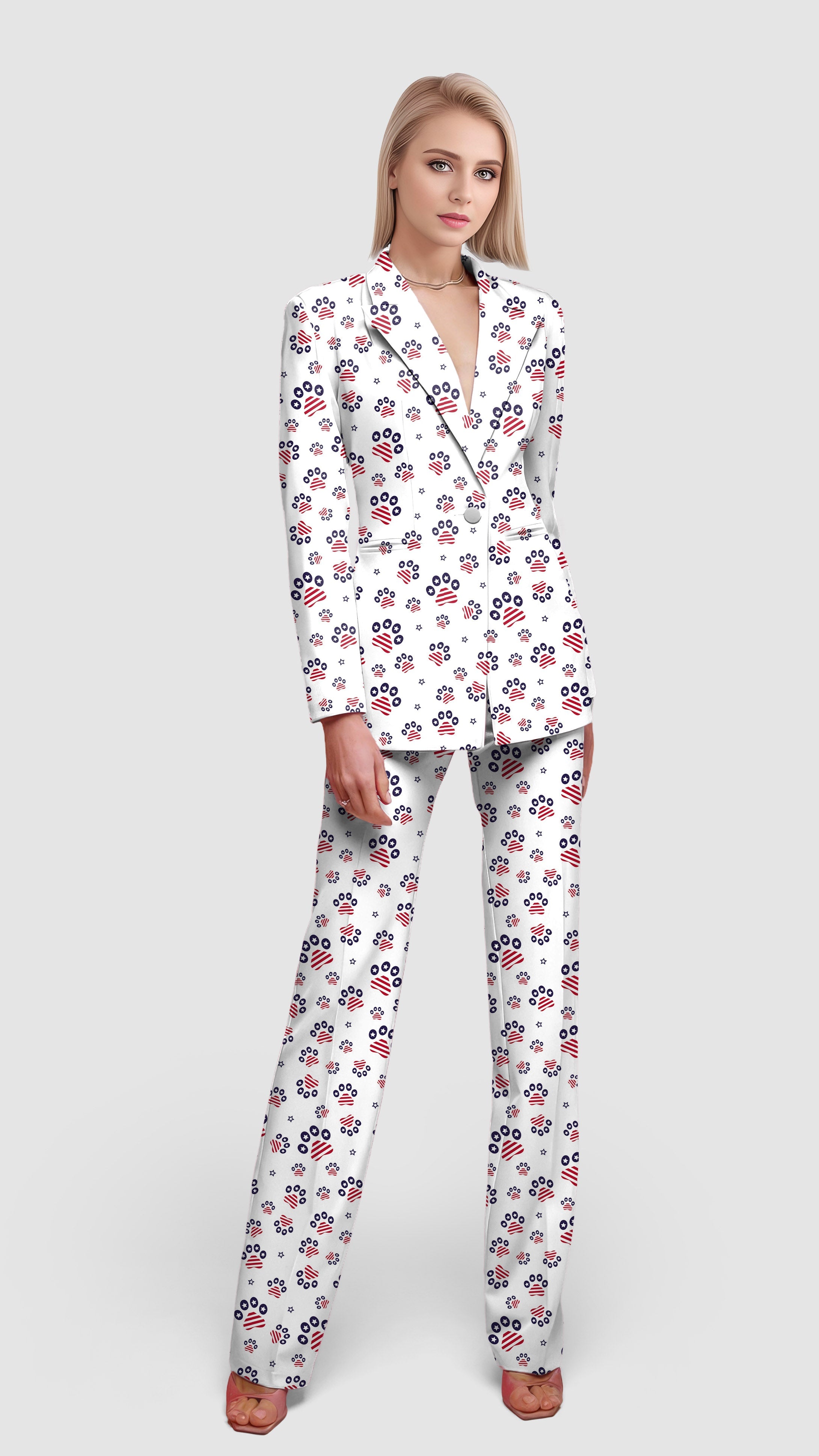 Women's blazer suit set with floral print, casual and office wear, lapel collar, single button, and flap pockets.