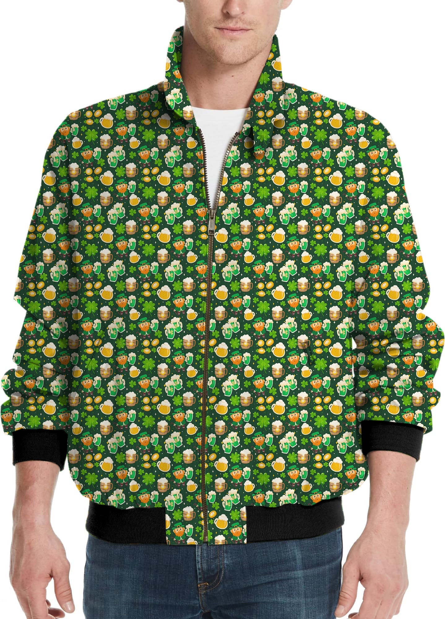 Men's golf windbreaker jacket with green beer clover St. Patrick's Day pattern