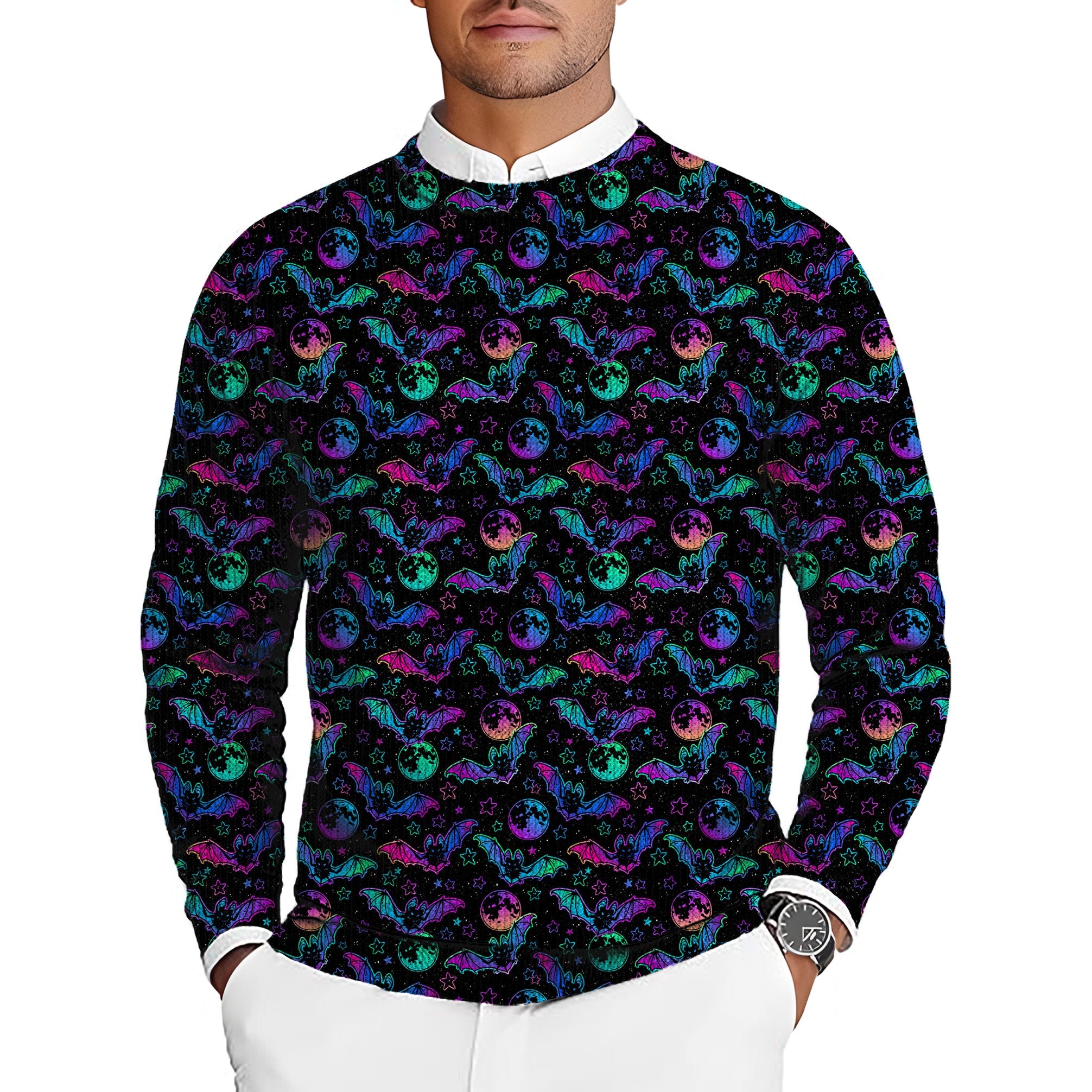 Men's Halloween Bat Moon golf crewneck pullover sweater with colorful bat and moon pattern