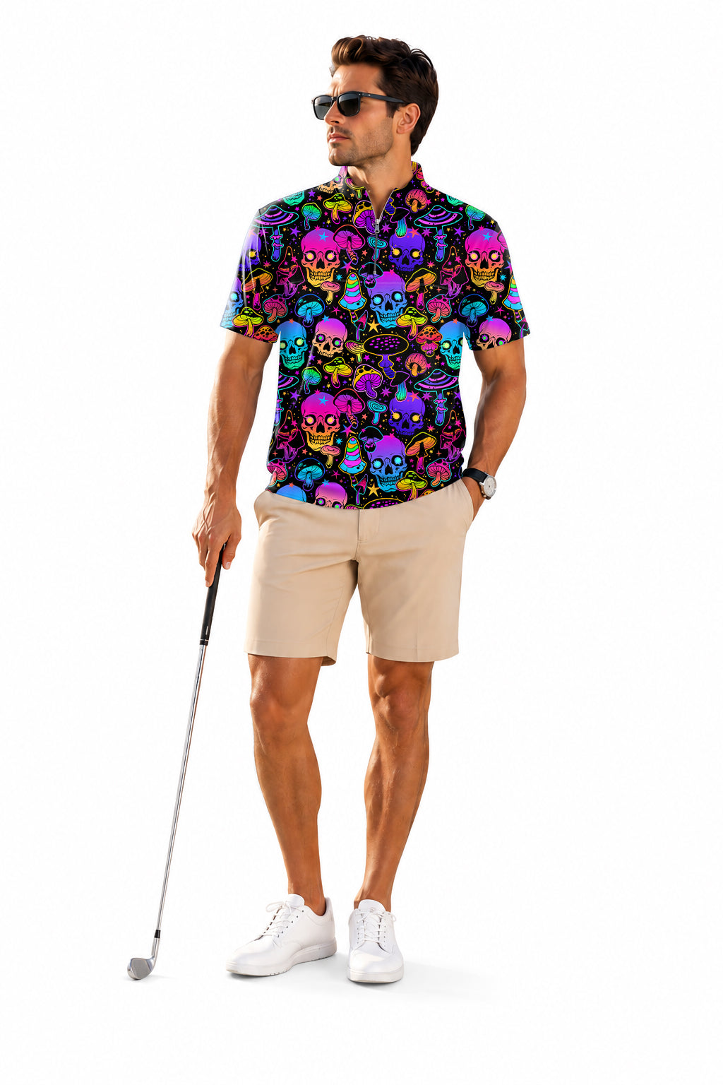 Men's Short Sleeve Quarter Zip Golf Pullover neon skull Embroidery