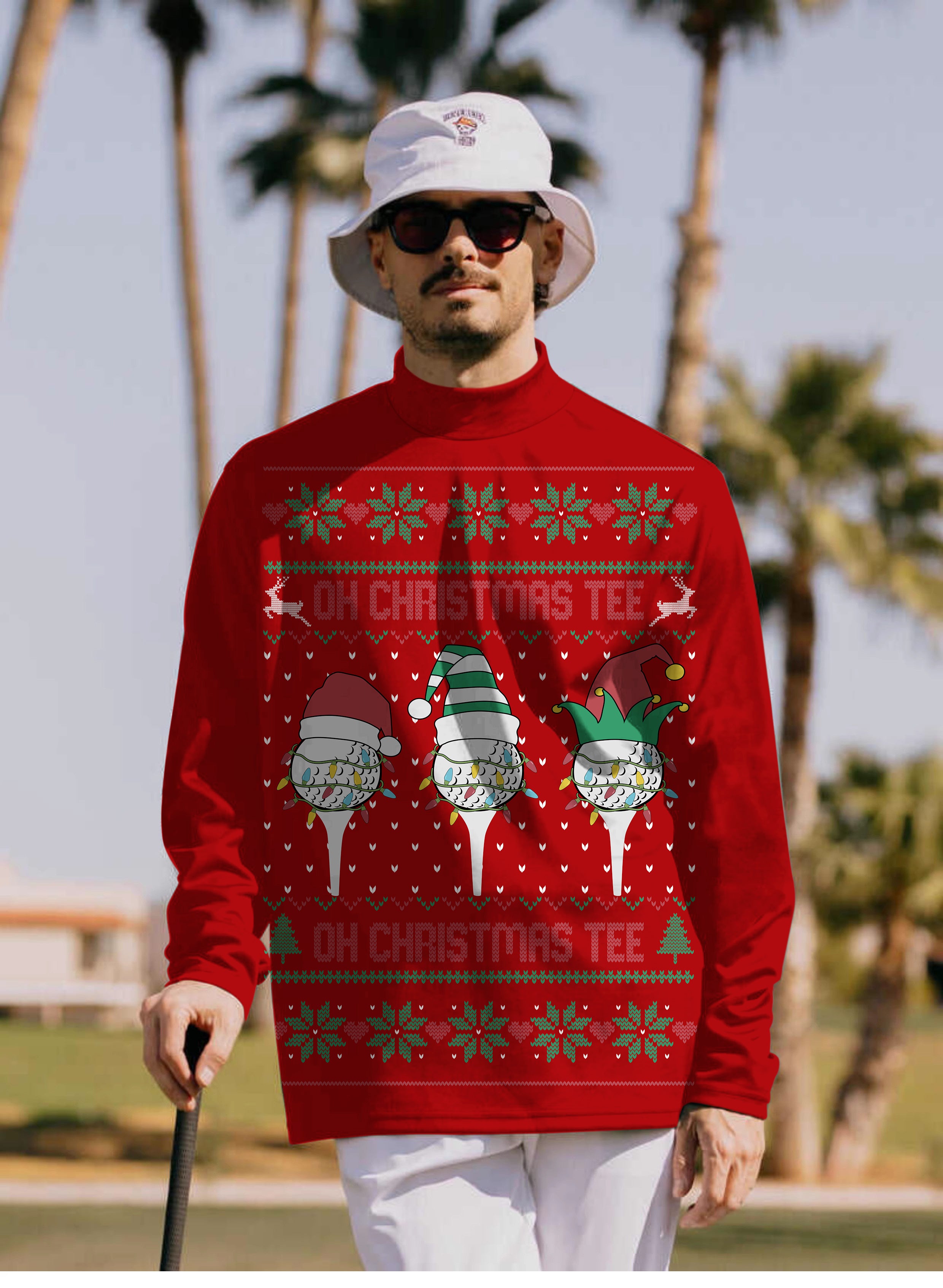 Men's Red-Christmas Custom face Pullover High neck Long/Short sleeve T-Shirt