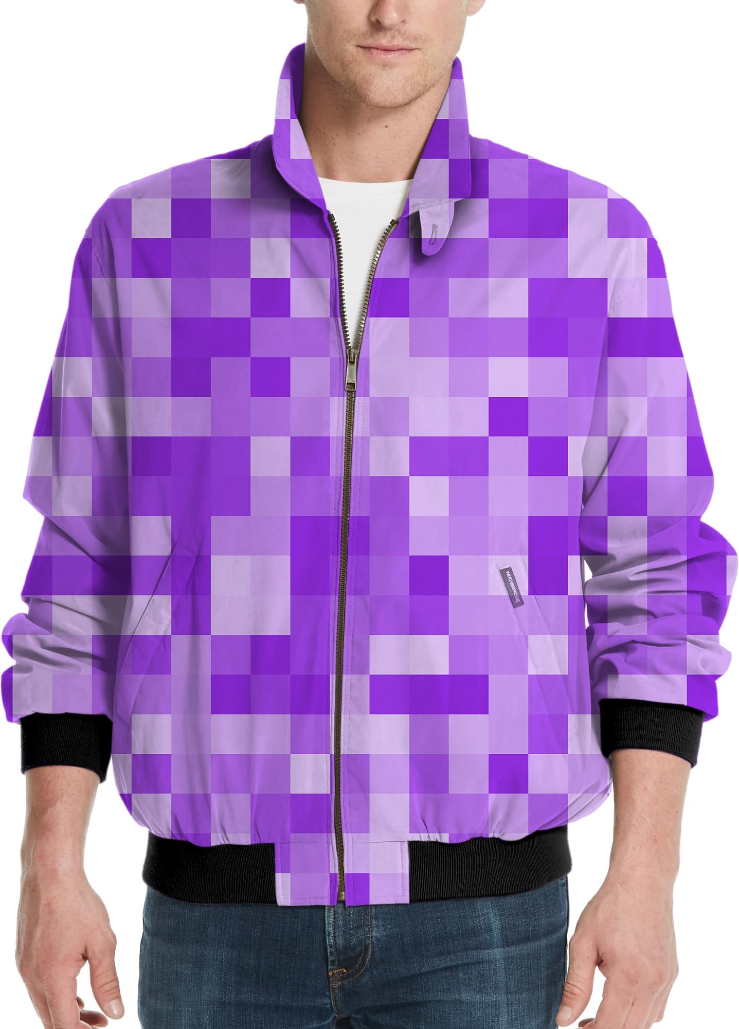 Purple Pixel Big Men's Golf Windbreaker light jacket with custom pixel pattern and zipper front