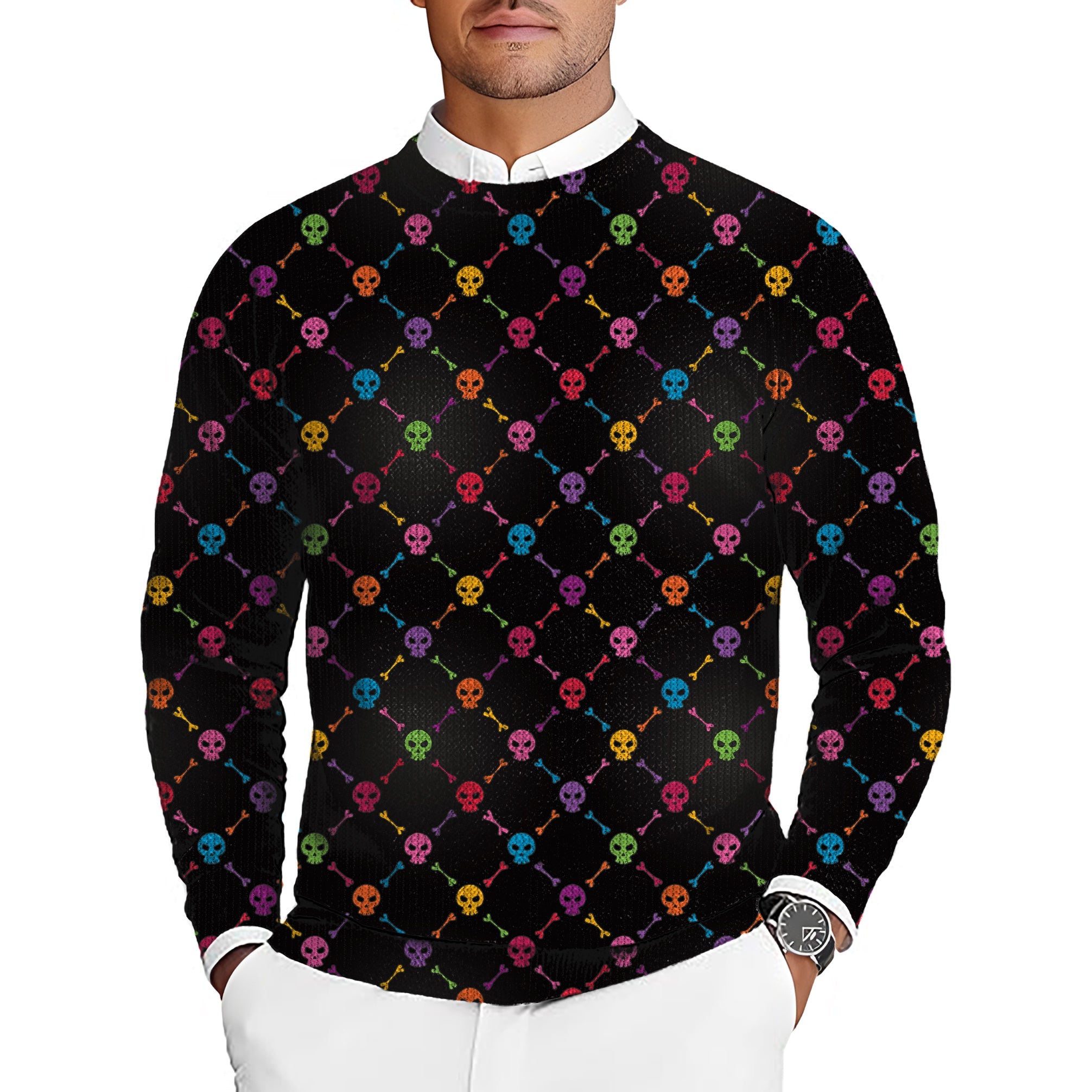 Men's Halloween Colors Skull Bones golf crewneck pullover sweater with colorful skull and bones pattern
