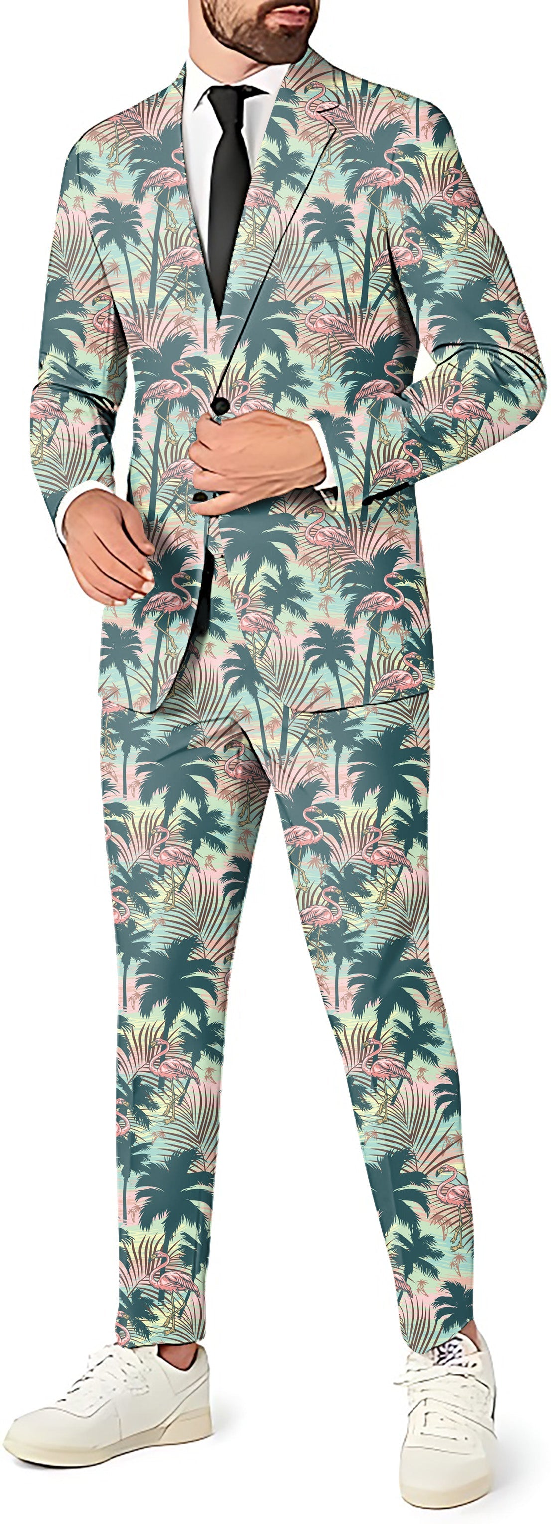 Dazed Flamingo men's party suit with tropical palm print blazer, pants, and vest set
