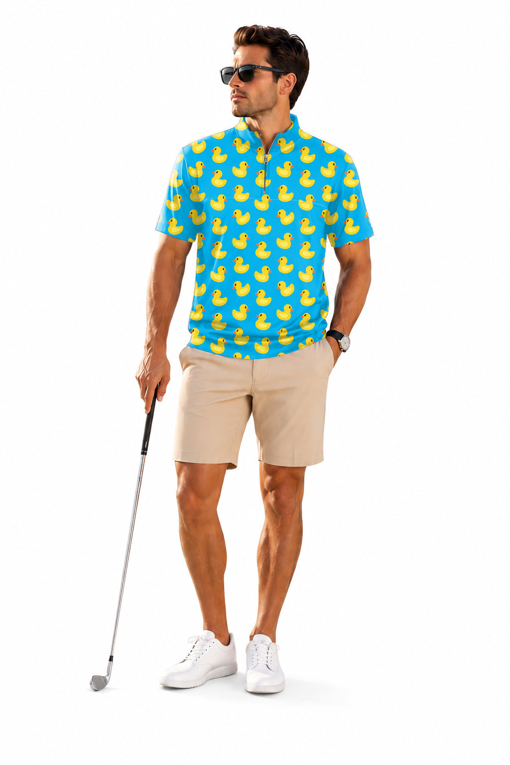 Men's Short Sleeve Quarter Zip Golf Pullover Yellow duck Embroidery