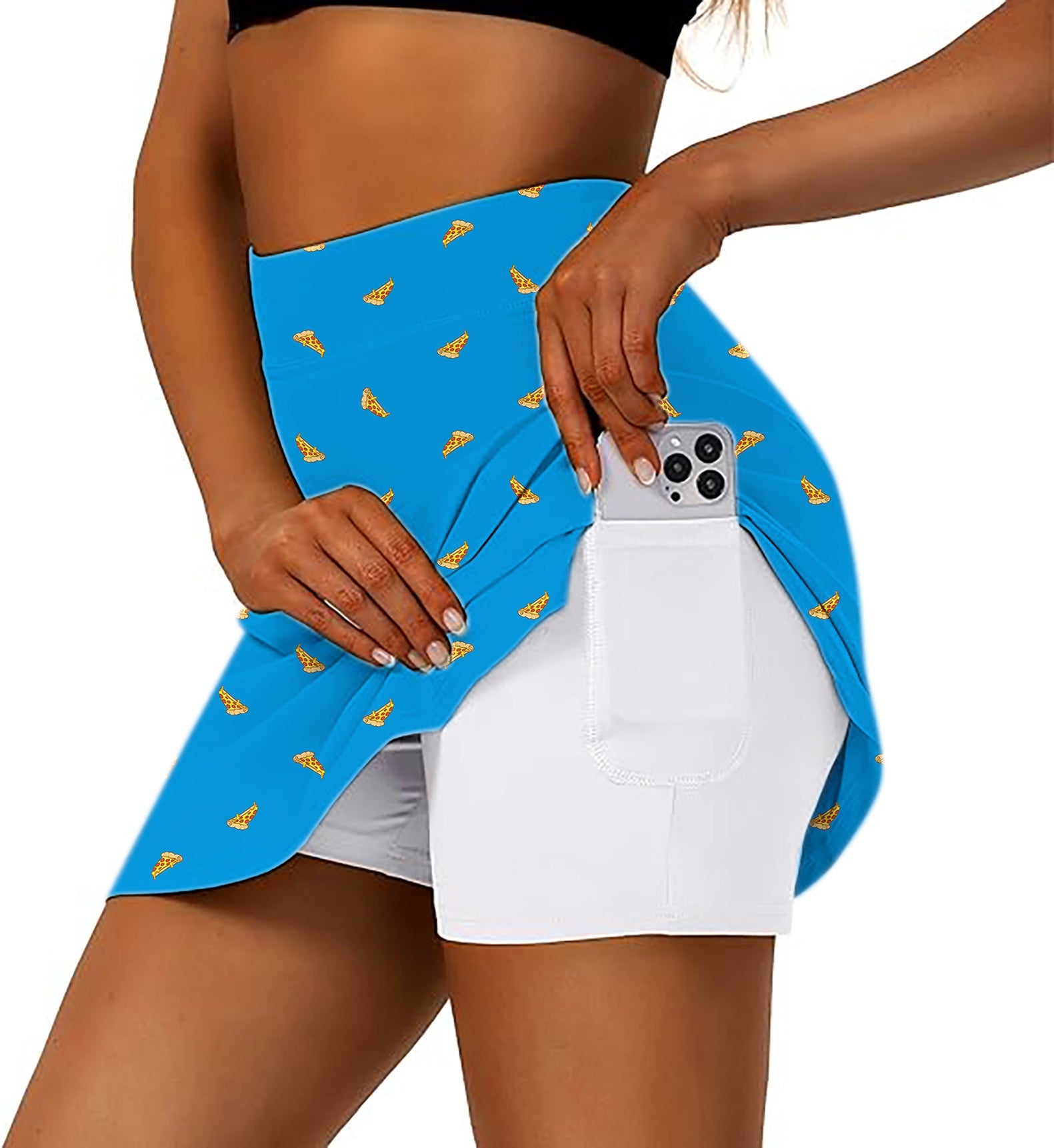 Women's golf skirt with delicious white pizza pattern and inner shorts with pocket for phone
