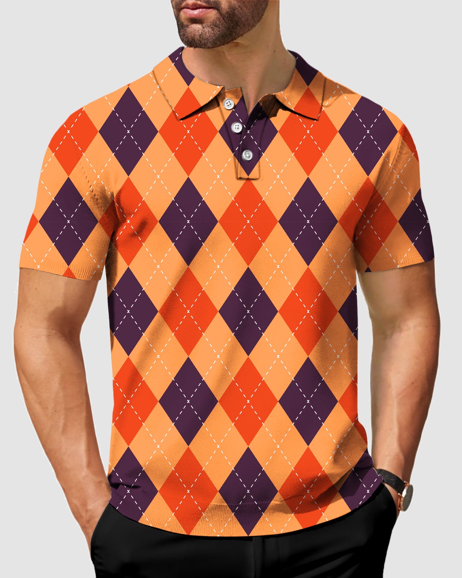 Men's Halloween black red orange argyle polo shirt with classic fit and moisture-wicking fabric