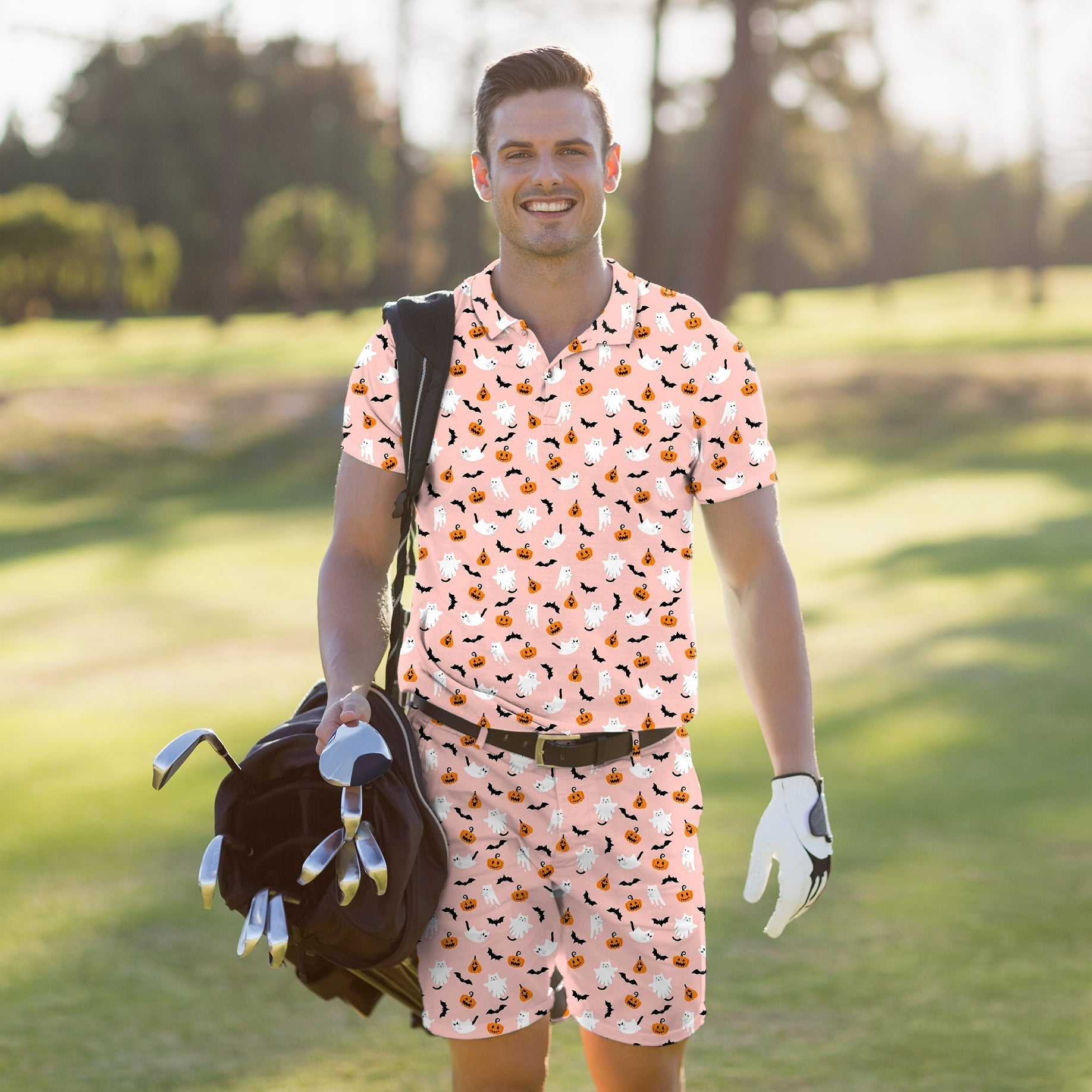 Men's golf set with Halloween kawaii ghost and pumpkin design, moisture-wicking, stretch fabric polo and shorts, wrinkle-resistant, UPF 40+ protection.