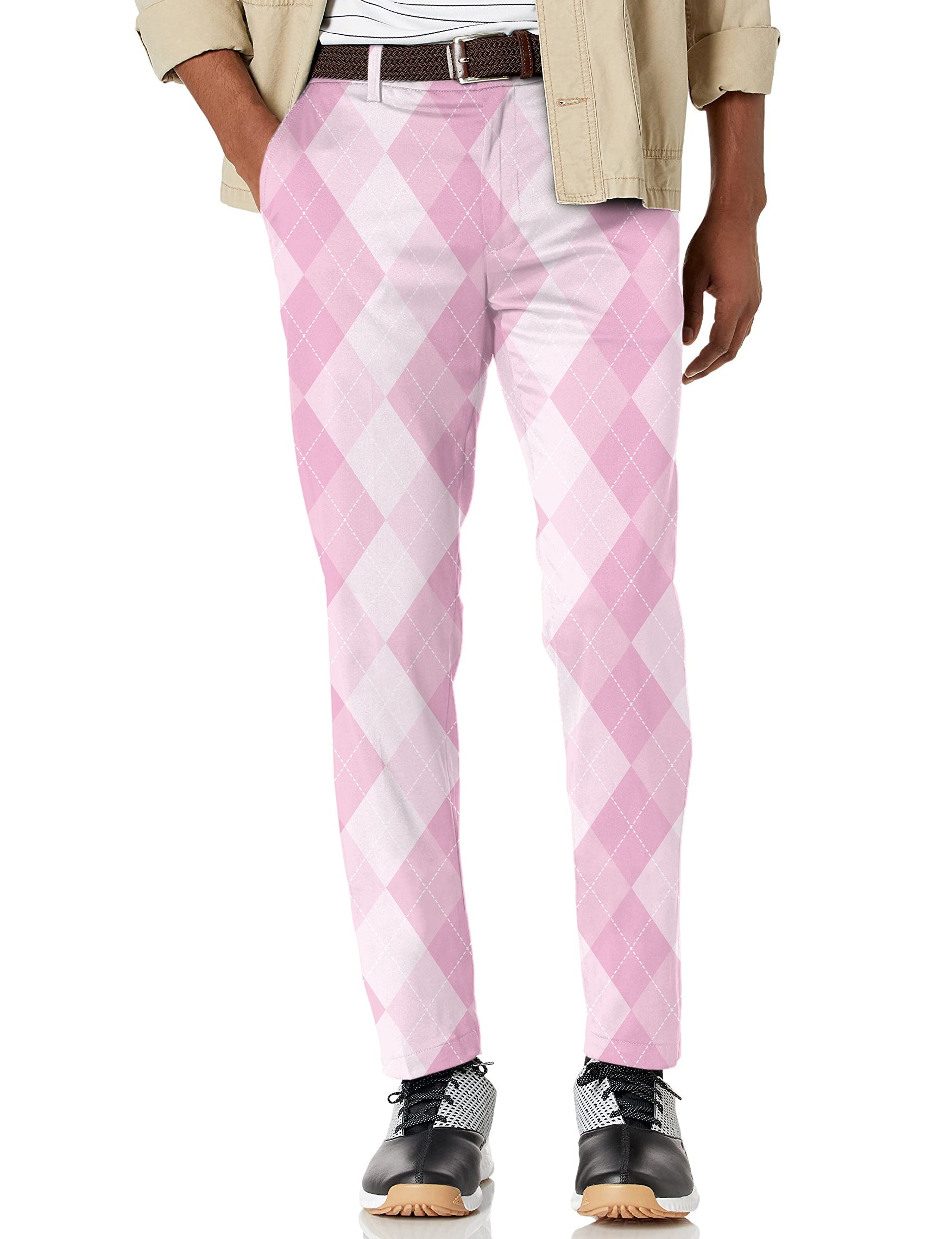 Men's pink argyle stretch golf pants with performance fabric and active waistband