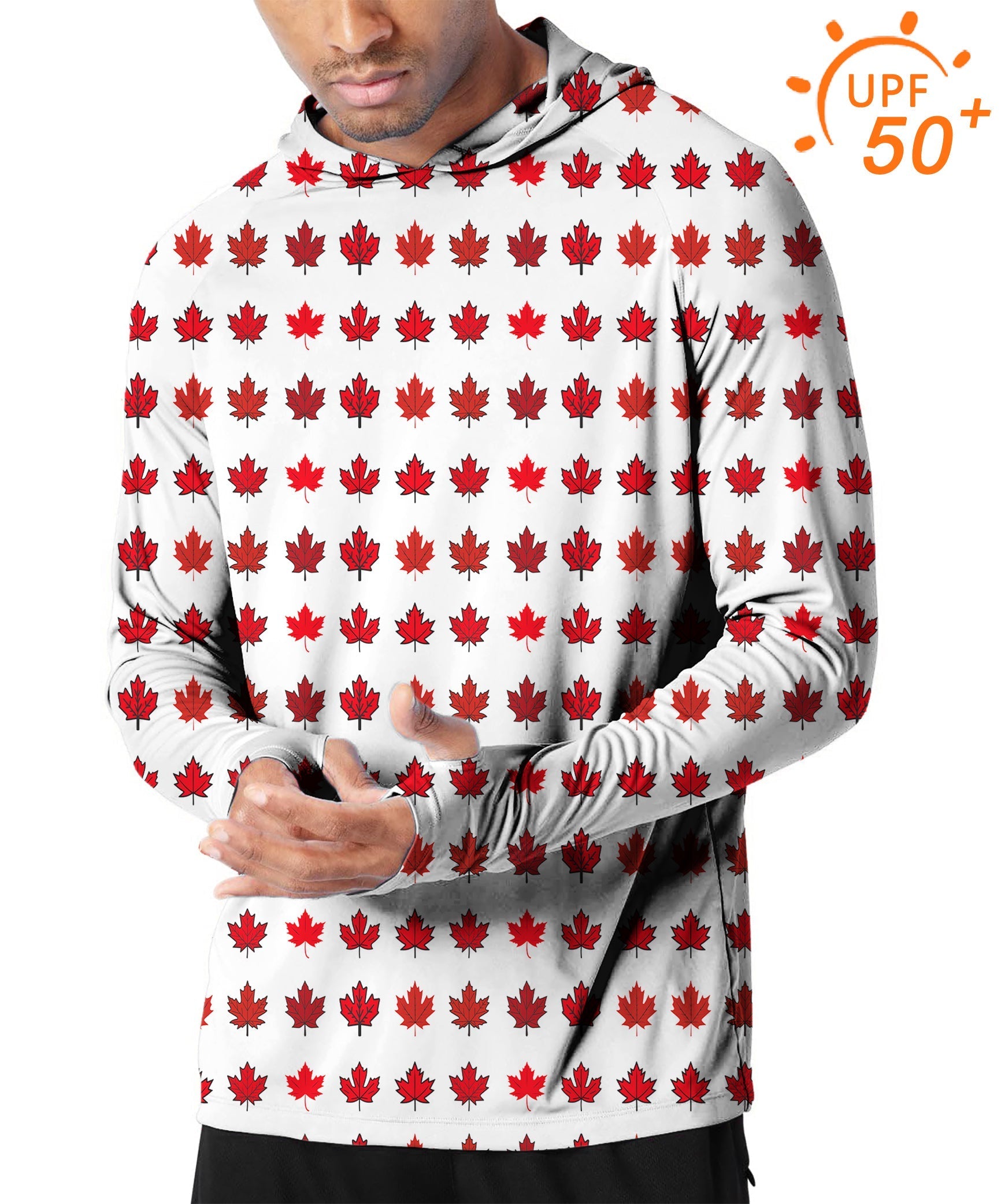 Men's outdoor slim fit hoodie with red maple leaves pattern and UPF 50+ sun protection