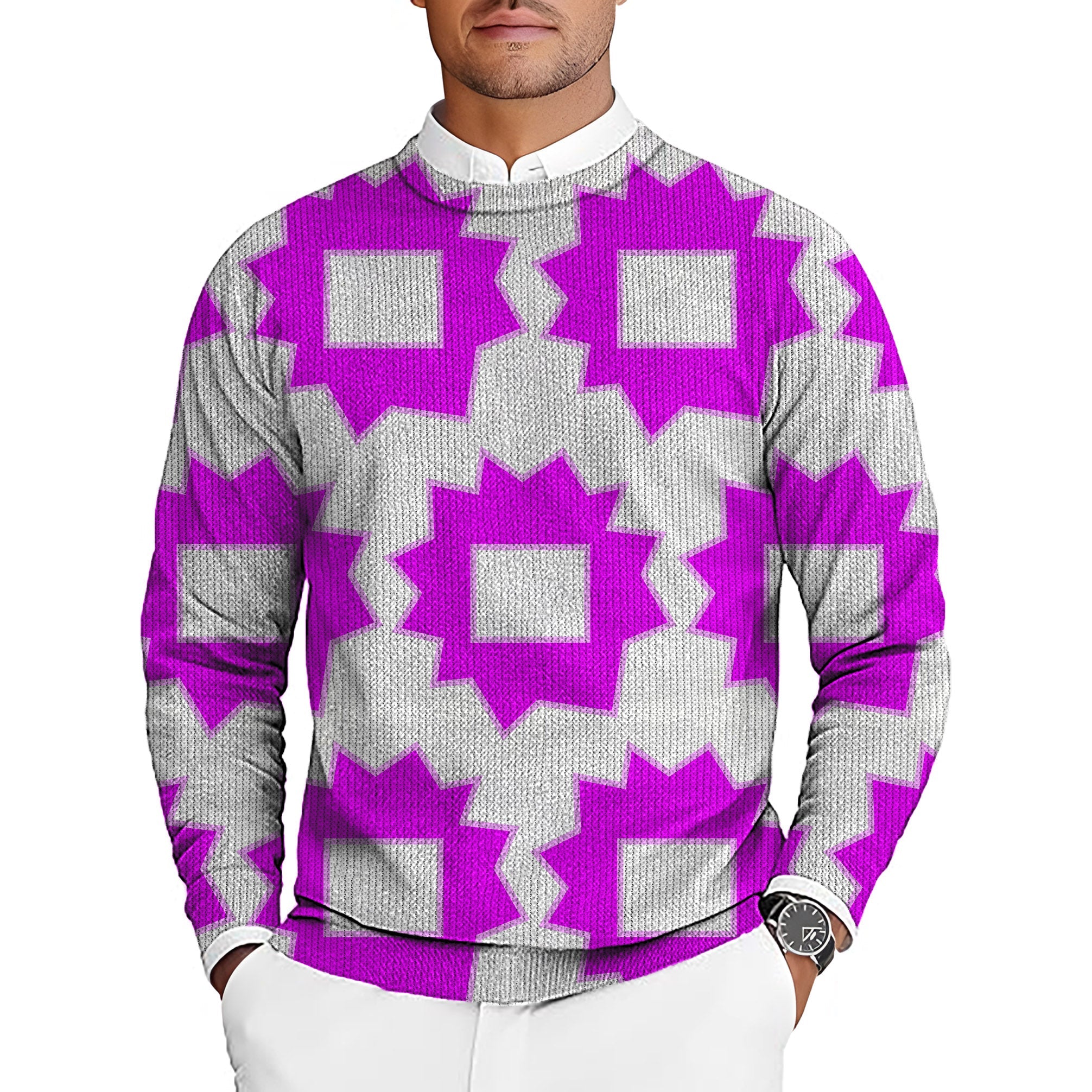 Men's Explosion Geometry crewneck pullover sweater with purple and gray geometric pattern