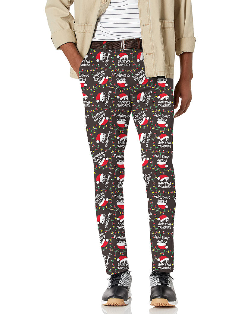 Men's Christmas themed black stretch golf pants with Santa print and performance fabric
