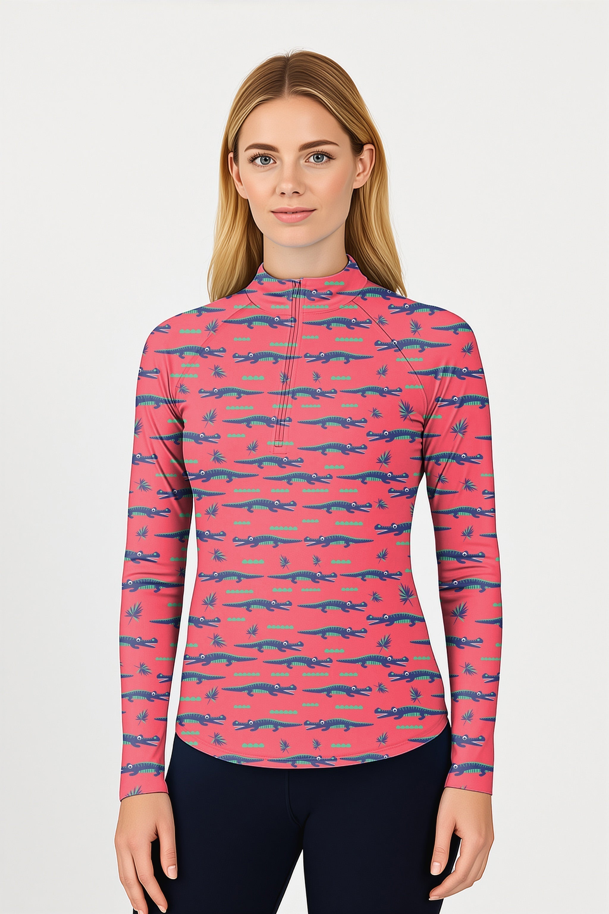 Pink Crocodile Women's 3/4 zip active top with long sleeves, mock collar, and sun-safe fabric.