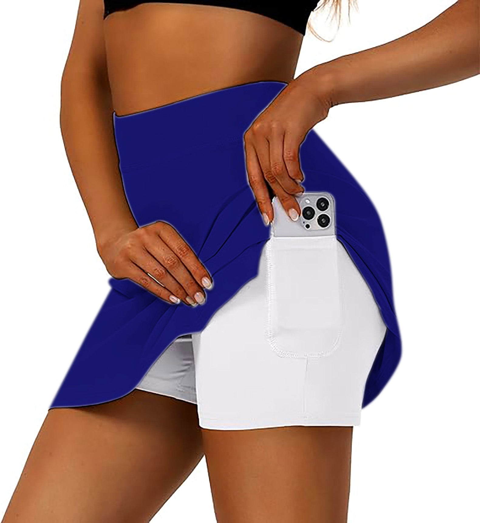pure navy women's athletic golf skorts with flared skirt and phone pocket