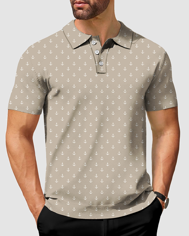 Men's beige anchor polo shirt with four-way stretch, moisture-wicking fabric, wrinkle resistant, UPF 40+ protection, and classic fit for business casual wear