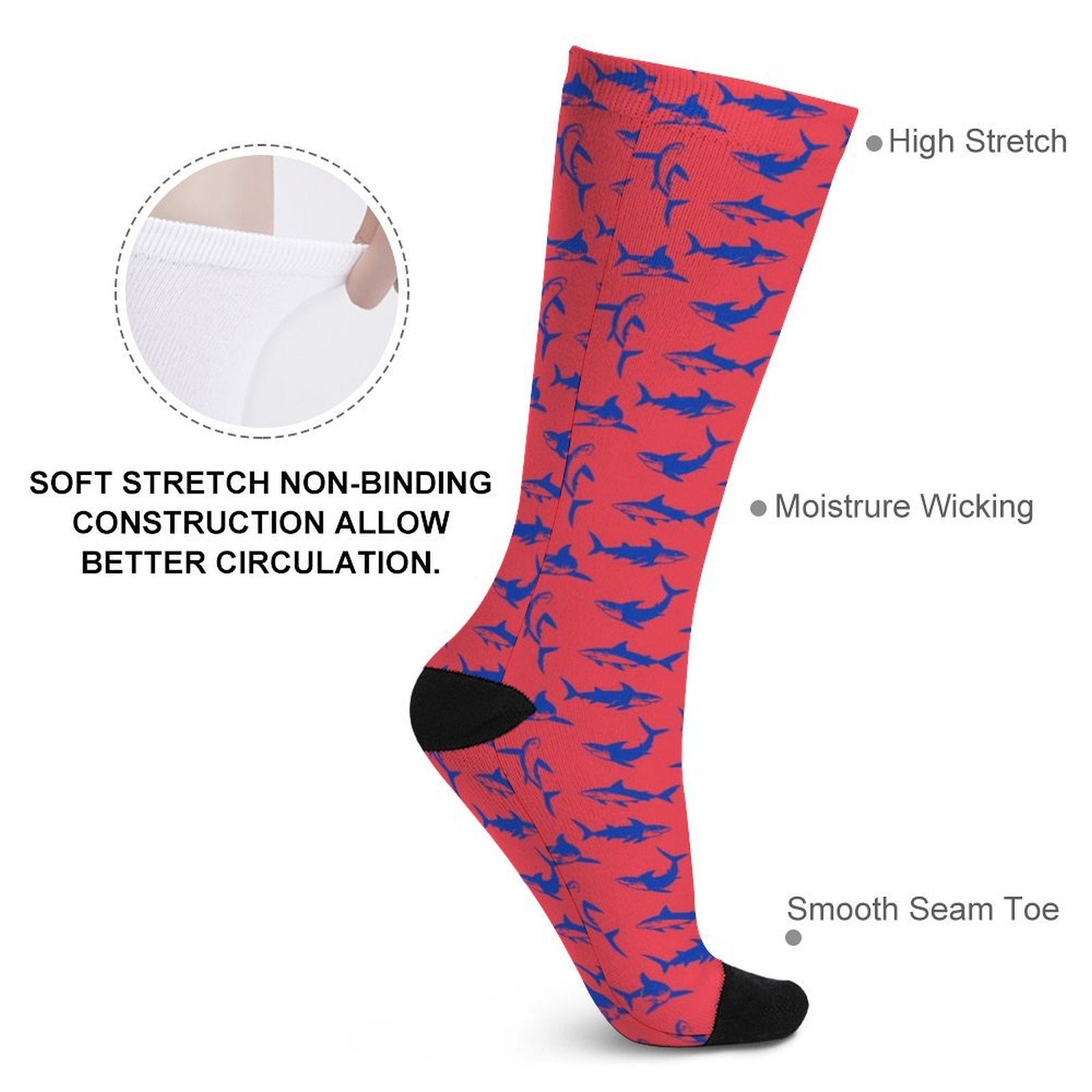 Red Water Frenzy printed crew socks with soft stretch, moisture wicking, and smooth seam toe for men and women gift